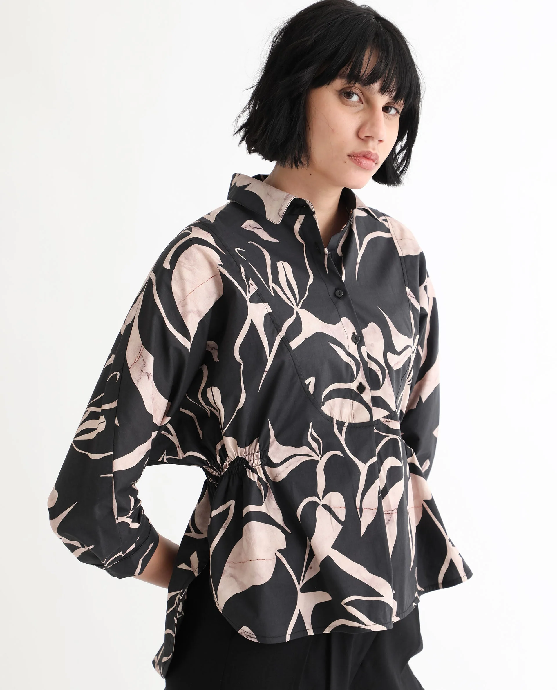 Rareism Women's Kowski Dark Black Cotton Blend Spread Collar Abstract Print Kimono Sleeve Regular Fit Top - Image 2
