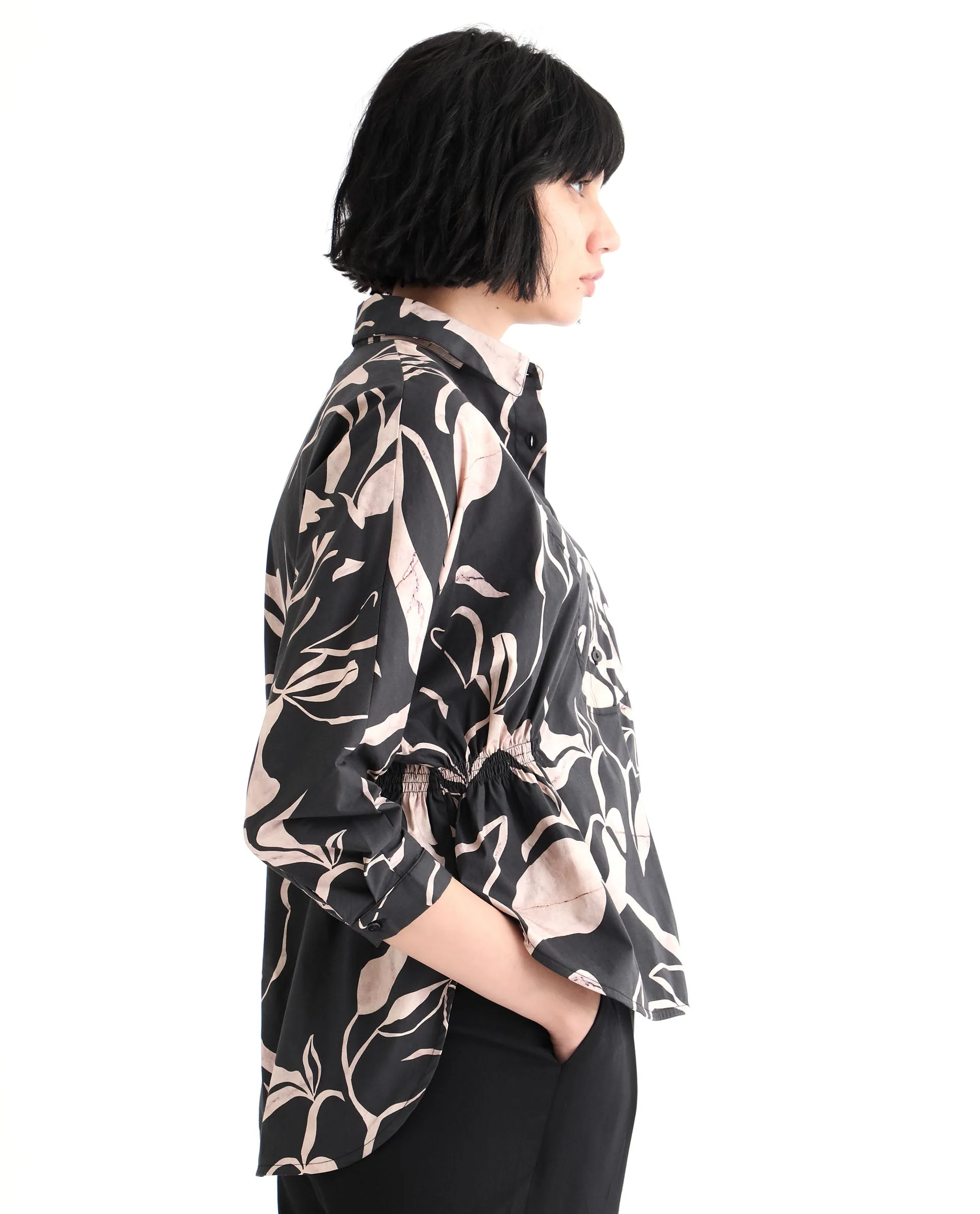 Rareism Women's Kowski Dark Black Cotton Blend Spread Collar Abstract Print Kimono Sleeve Regular Fit Top - Image 3