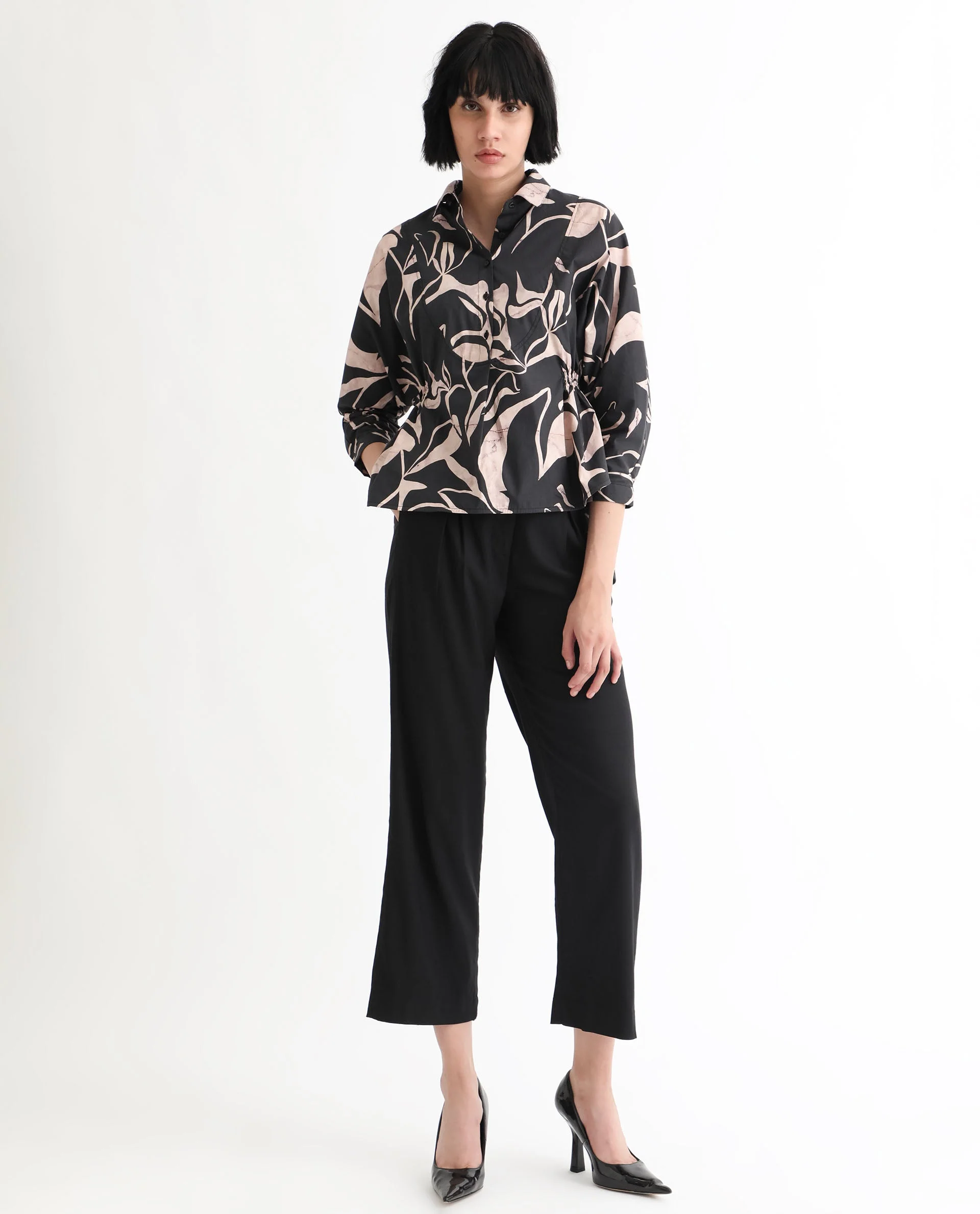 Rareism Women's Kowski Dark Black Cotton Blend Spread Collar Abstract Print Kimono Sleeve Regular Fit Top - Image 4