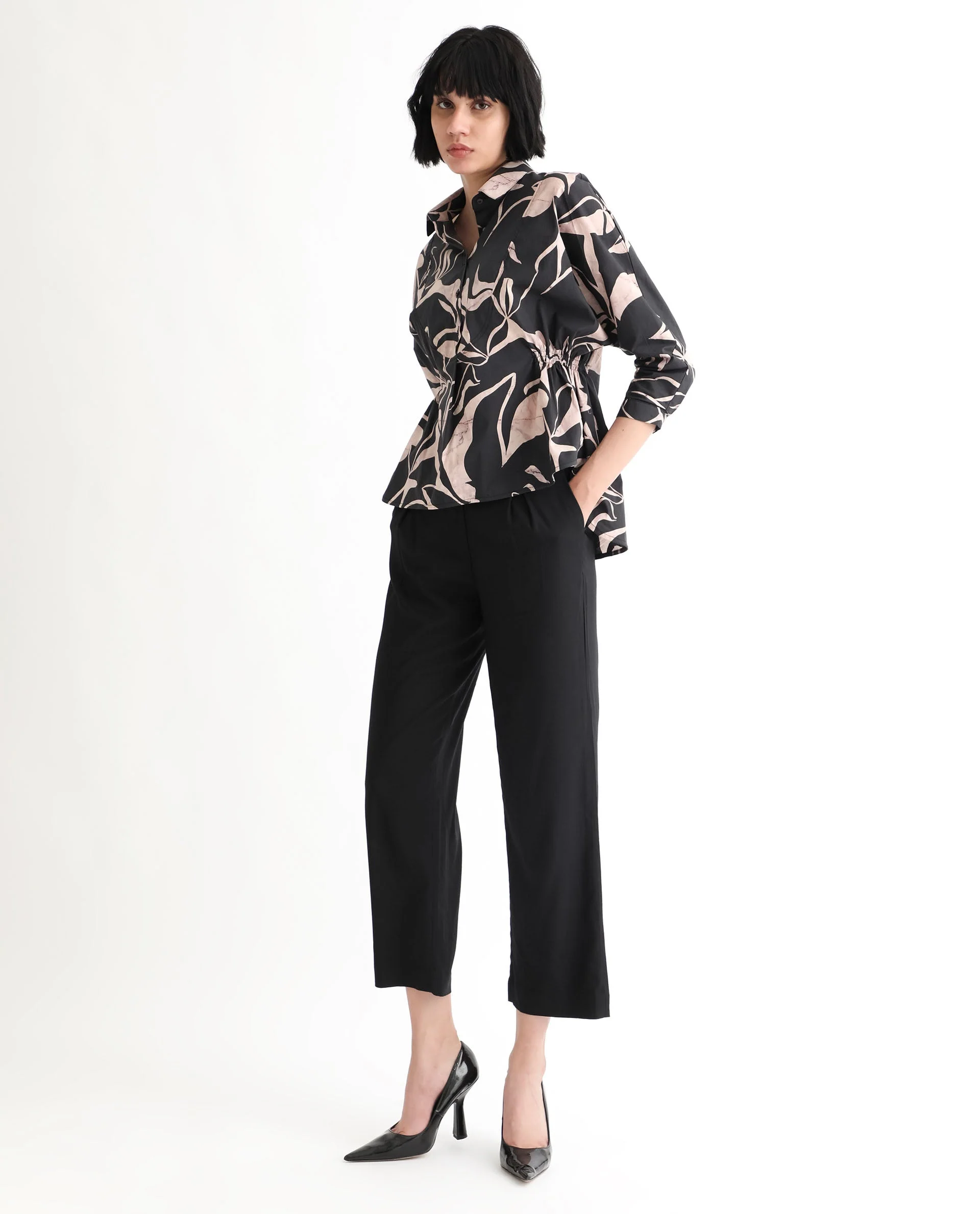 Rareism Women's Kowski Dark Black Cotton Blend Spread Collar Abstract Print Kimono Sleeve Regular Fit Top - Image 5