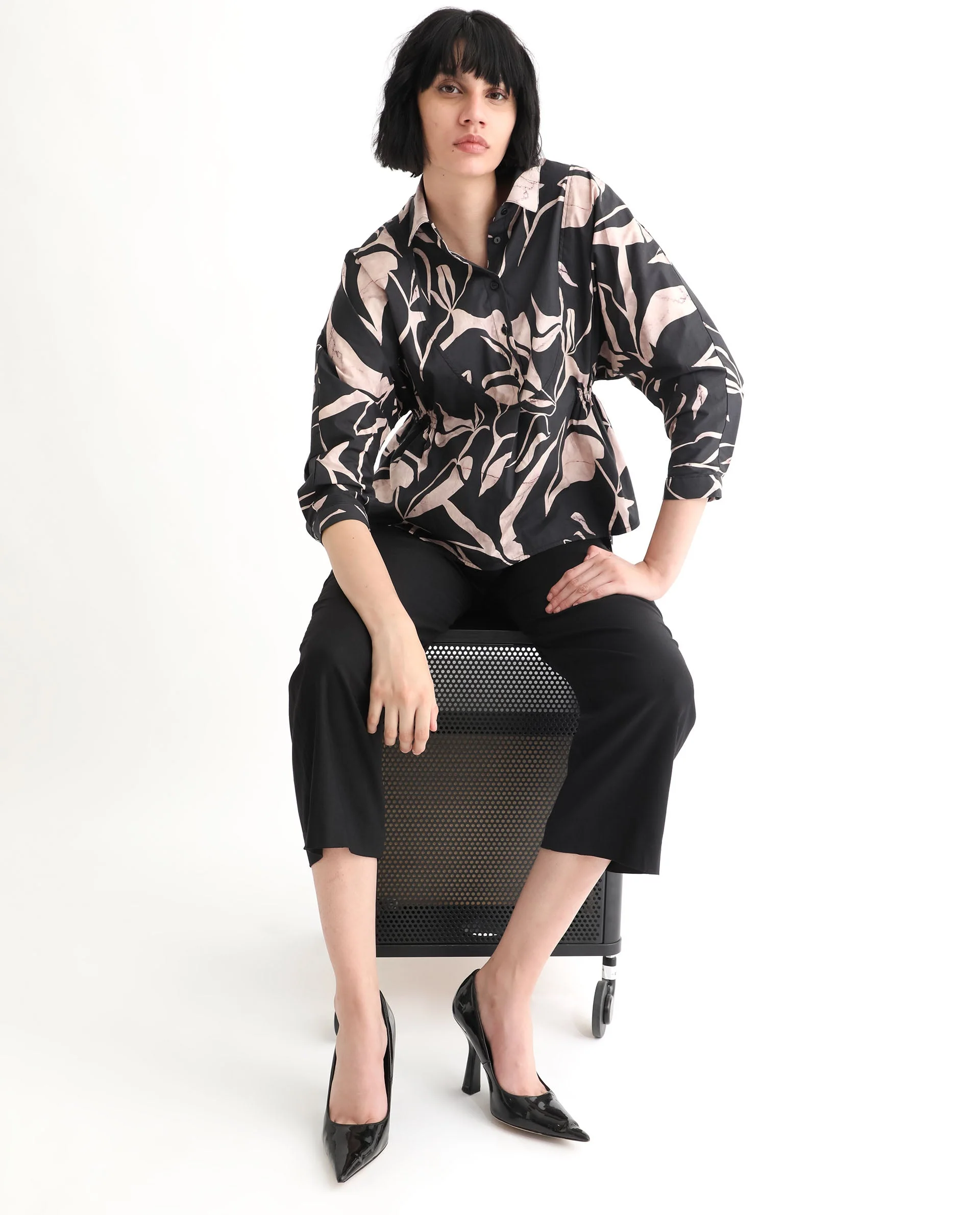 Rareism Women's Kowski Dark Black Cotton Blend Spread Collar Abstract Print Kimono Sleeve Regular Fit Top - Image 6