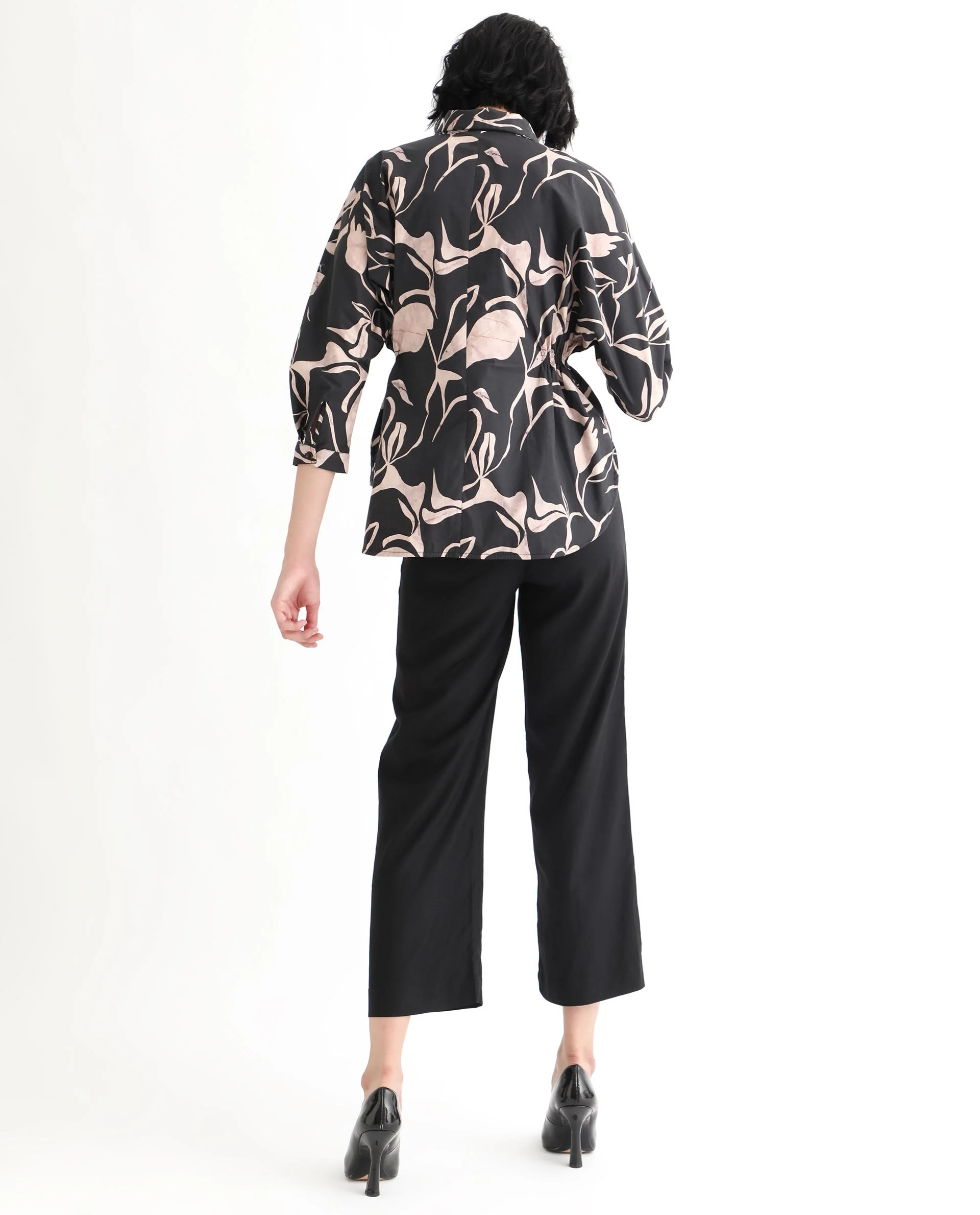 Rareism Women's Kowski Dark Black Cotton Blend Spread Collar Abstract Print Kimono Sleeve Regular Fit Top - Image 8