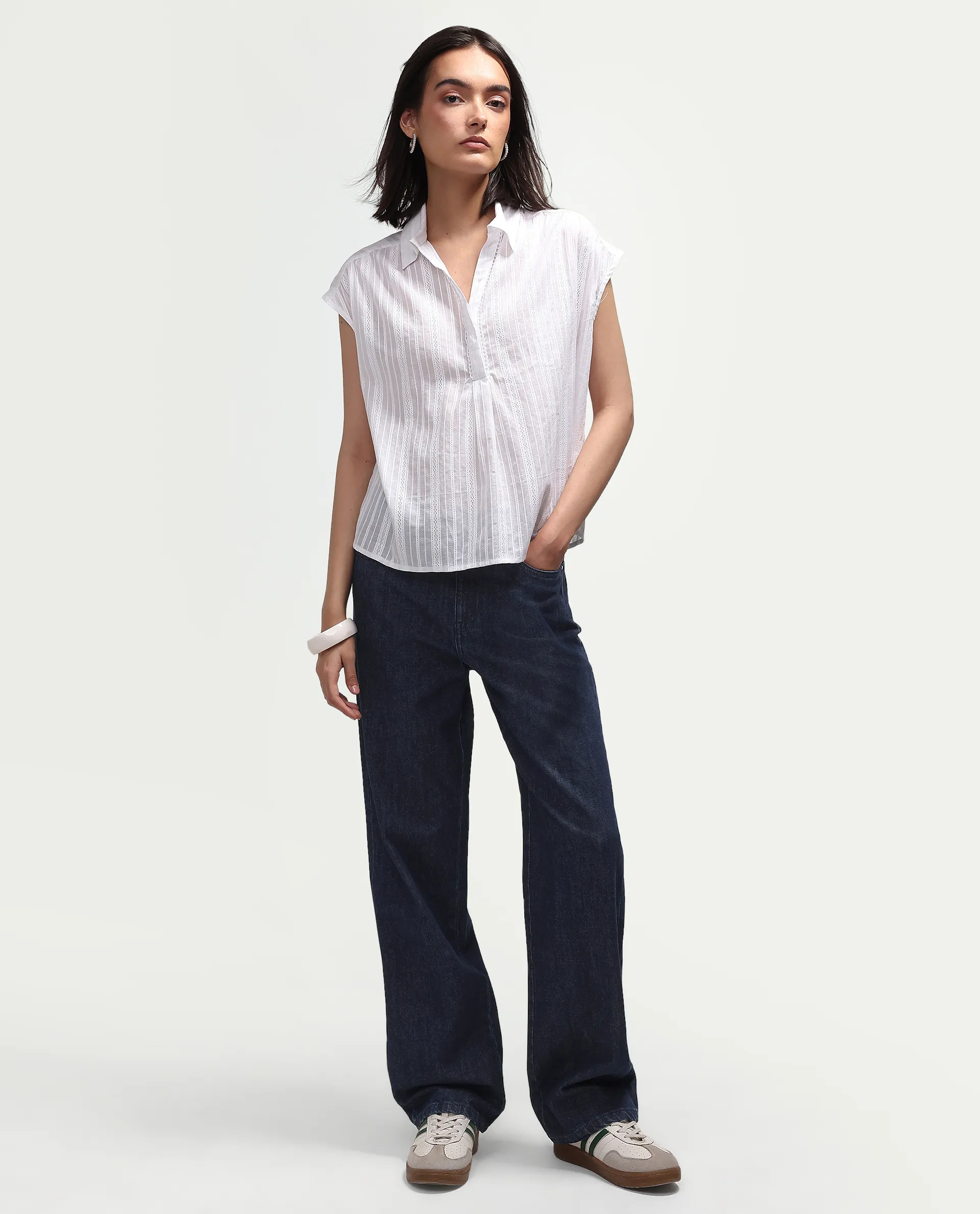 Rareism Women's Koya Off White Cotton Mandarin Collar Regular Plain Top - Image 2