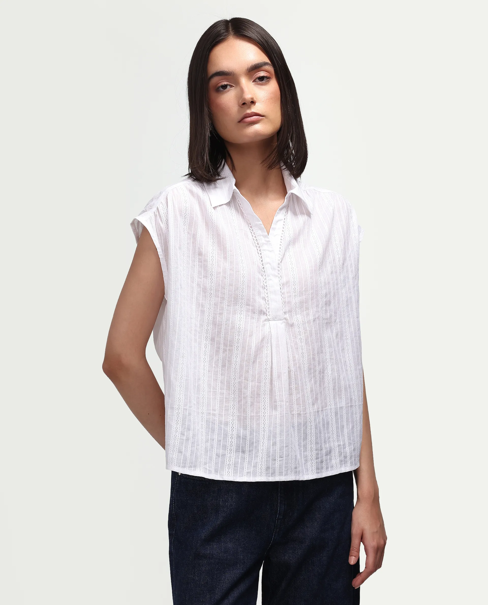 Rareism Women's Koya Off White Cotton Mandarin Collar Regular Plain Top - Image 3