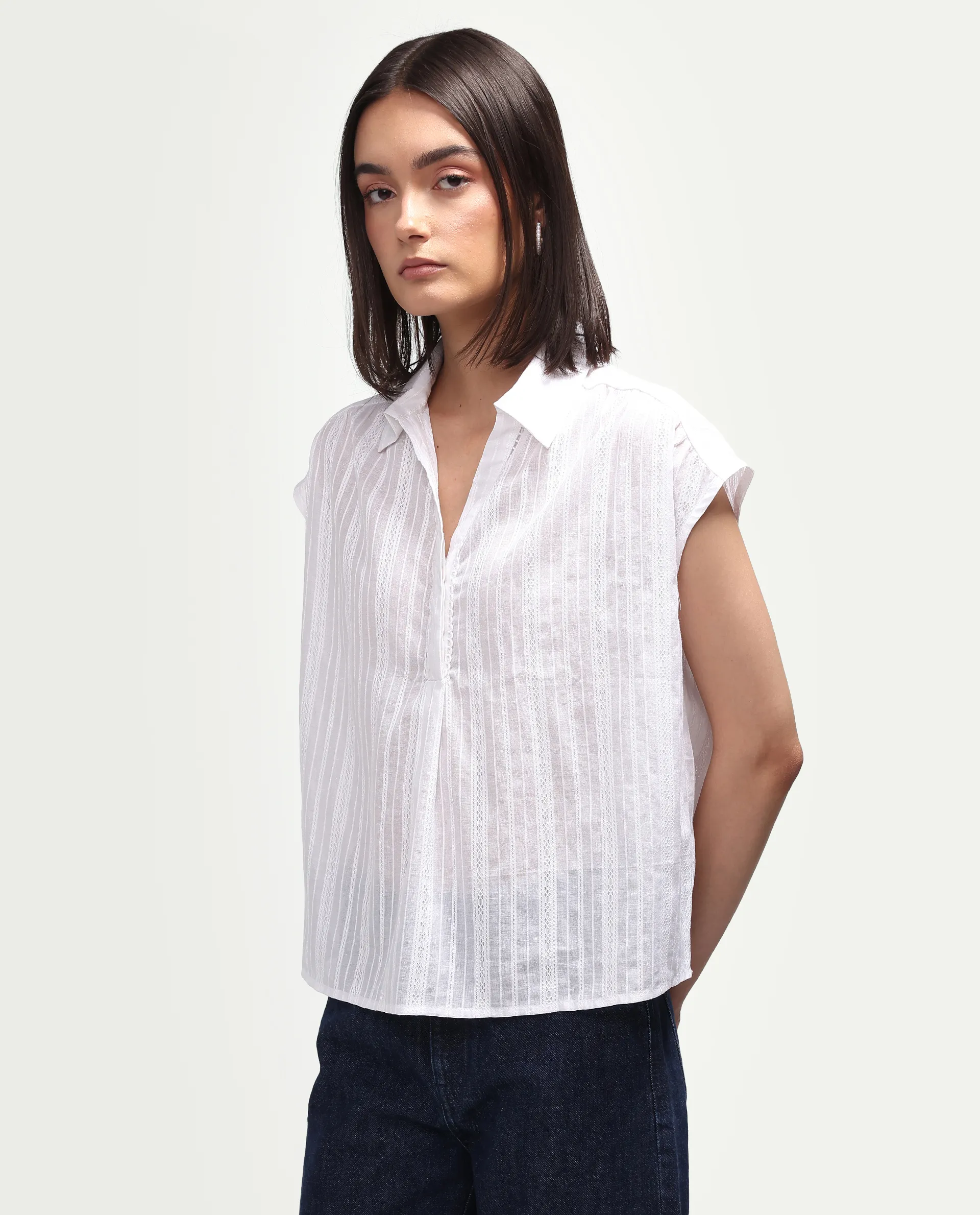 Rareism Women's Koya Off White Cotton Mandarin Collar Regular Plain Top - Image 6