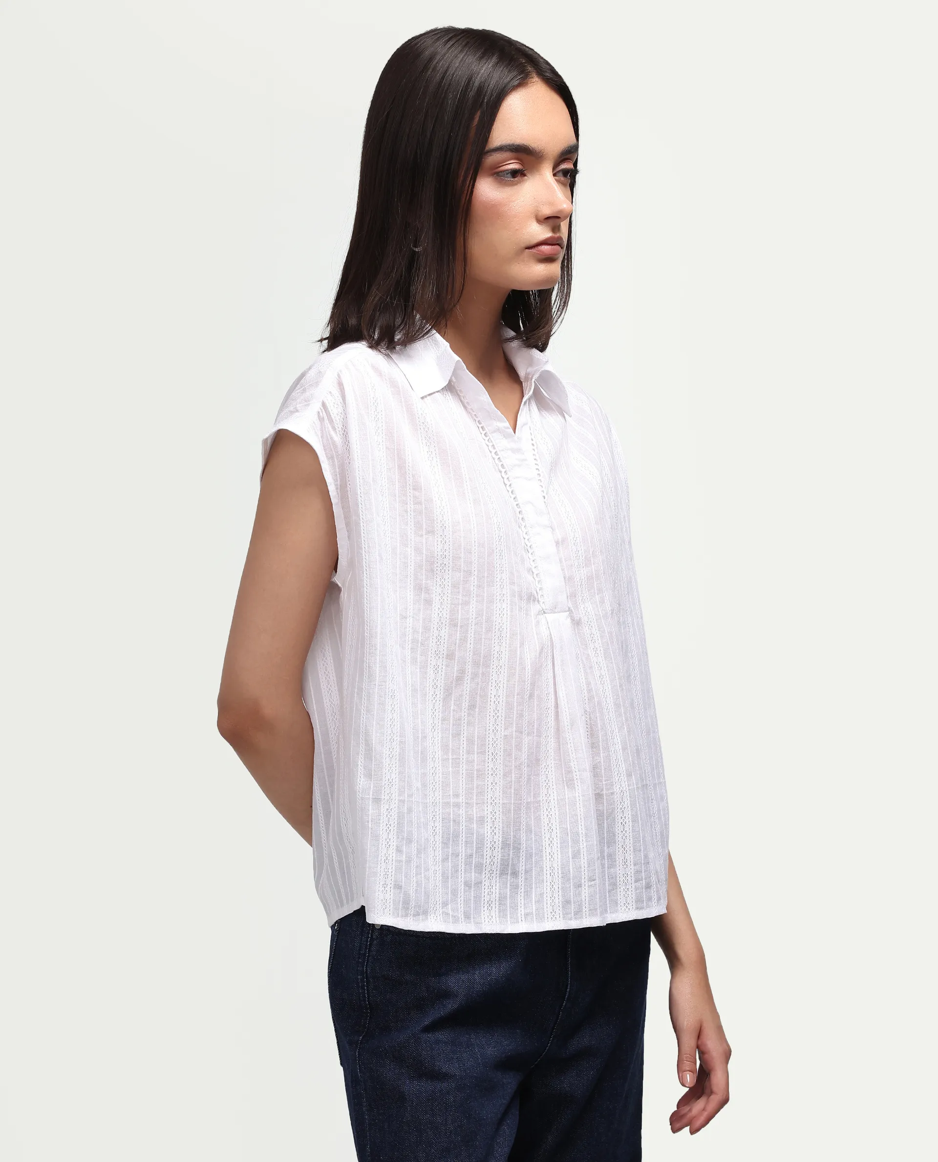 Rareism Women's Koya Off White Cotton Mandarin Collar Regular Plain Top - Image 7