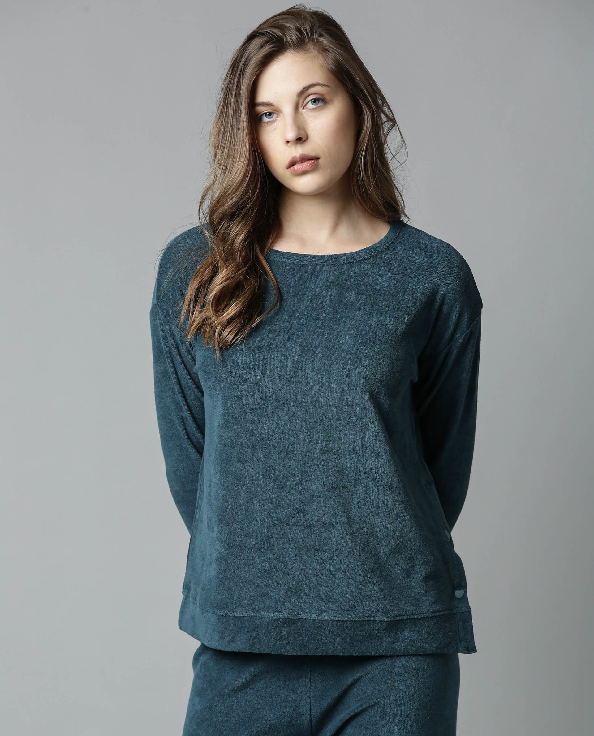 Rareism Women Kozy Blue Top Knit Fabric Full Sleeves Solid