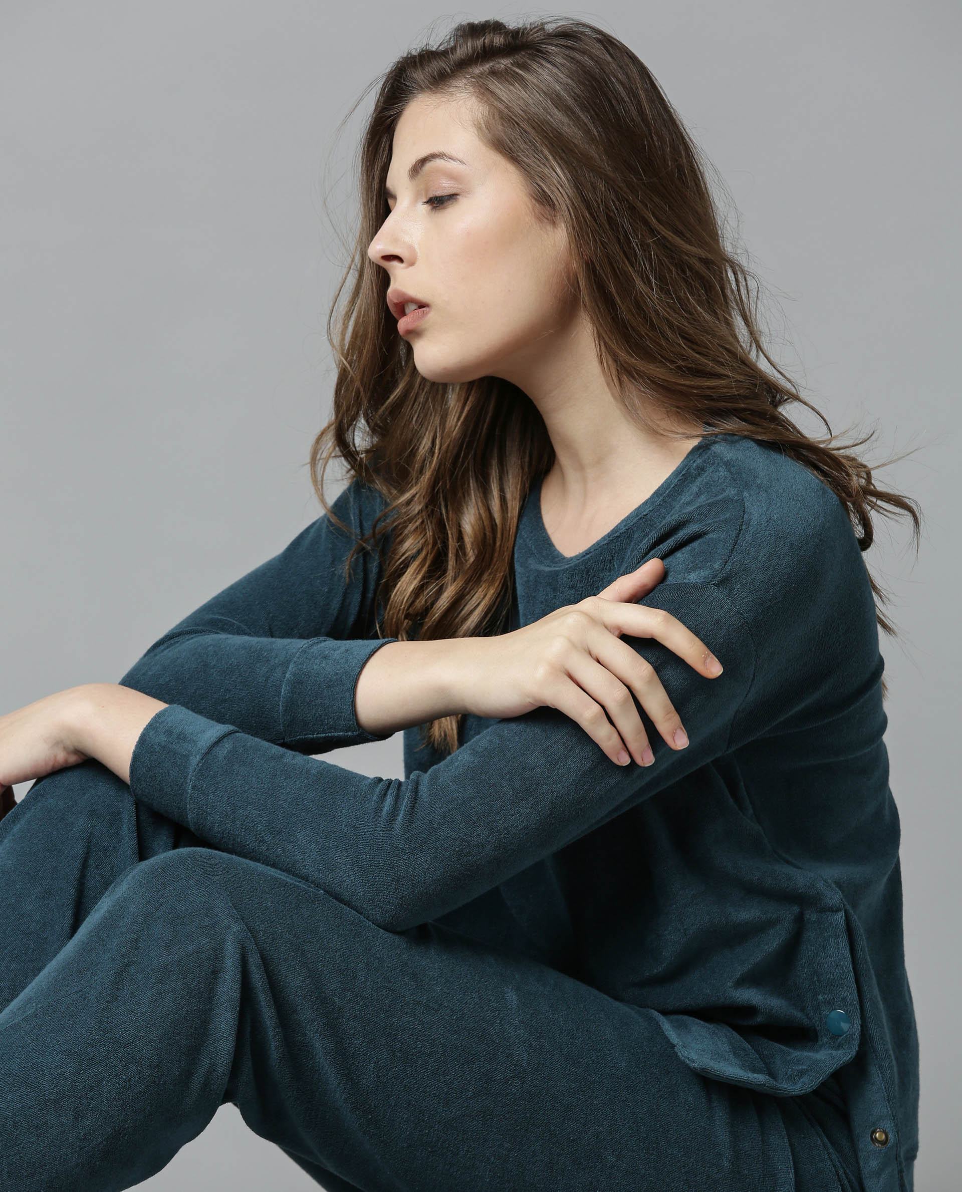 Rareism Women Kozy Blue Top Knit Fabric Full Sleeves Solid - Image 2