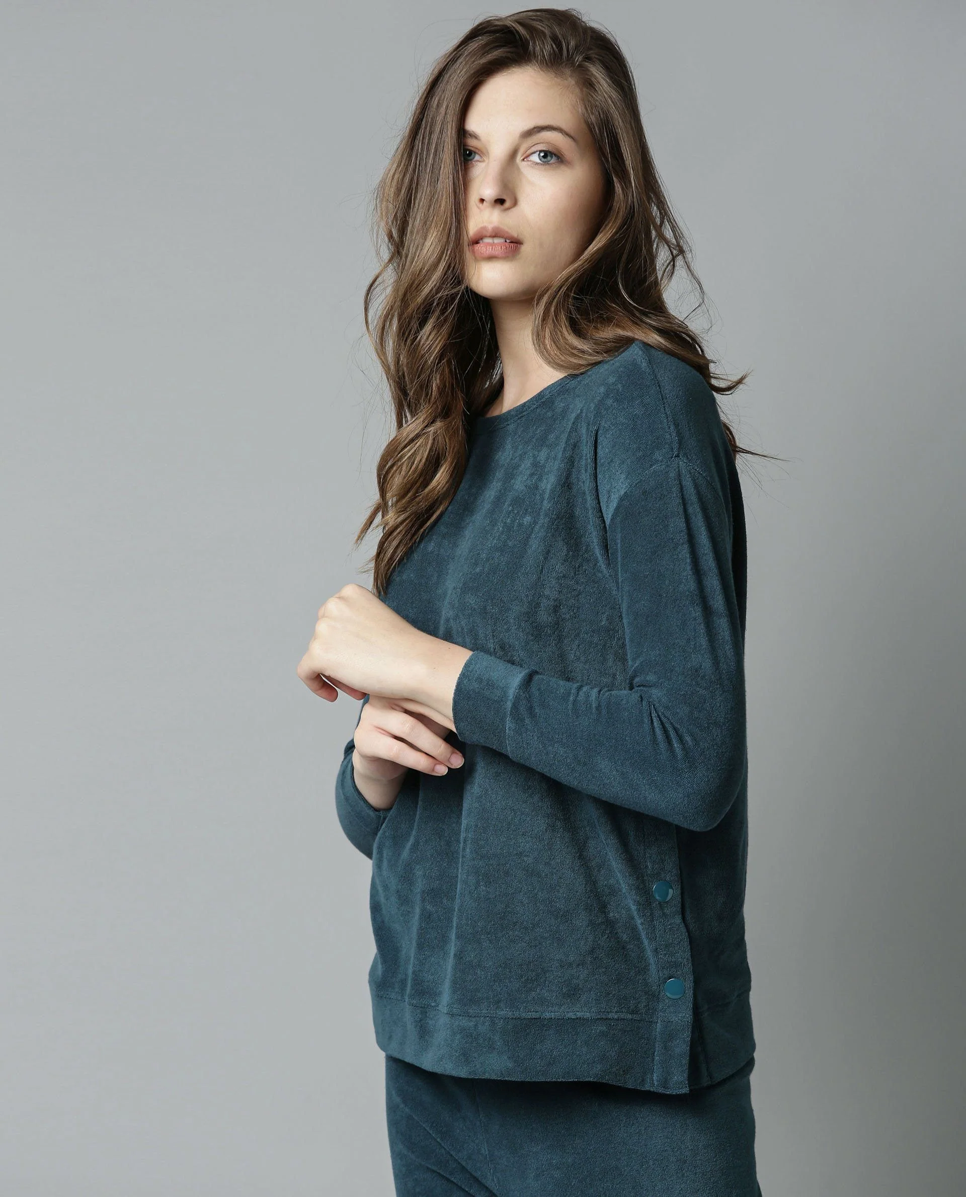 Rareism Women Kozy Blue Top Knit Fabric Full Sleeves Solid - Image 3