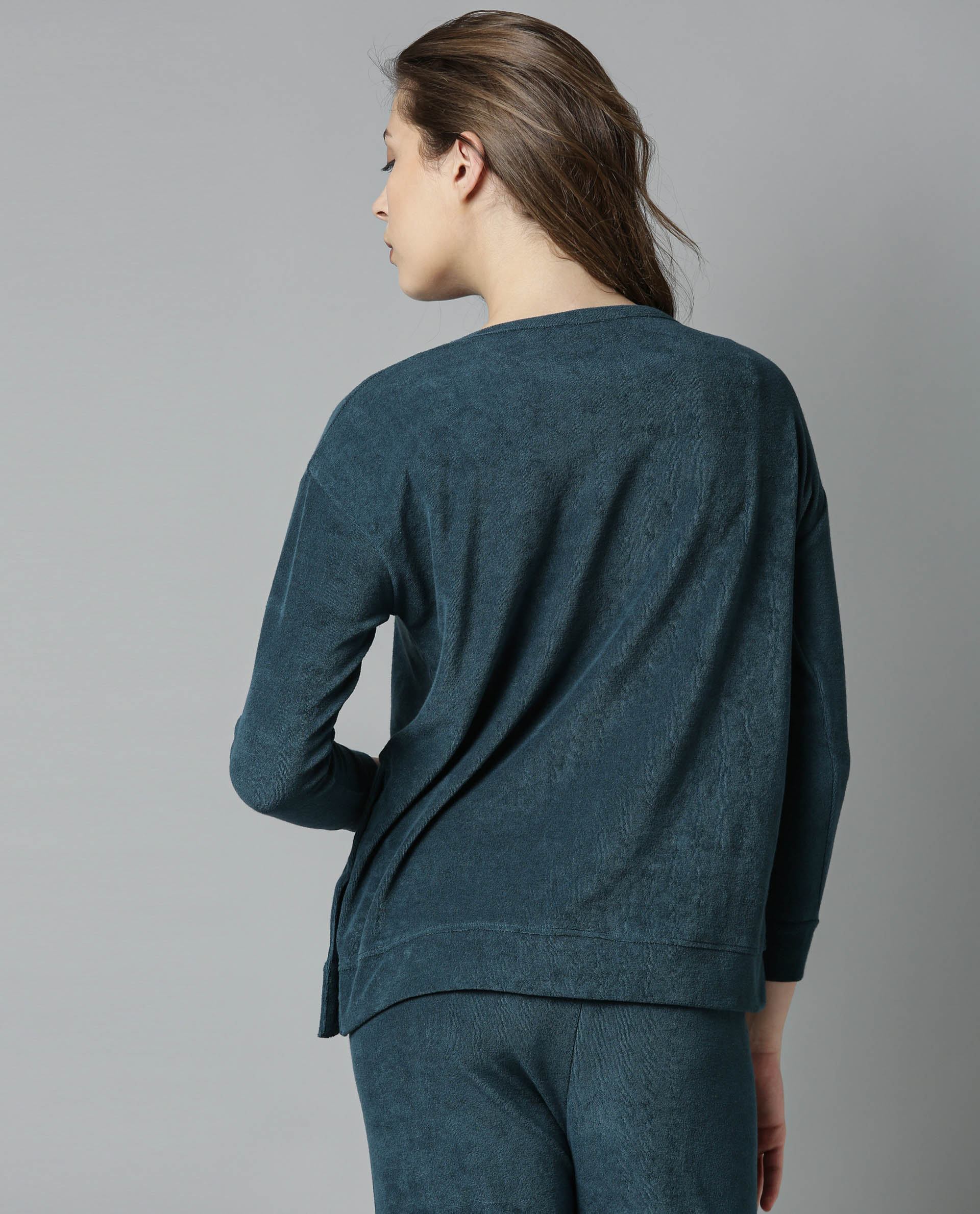Rareism Women Kozy Blue Top Knit Fabric Full Sleeves Solid - Image 4