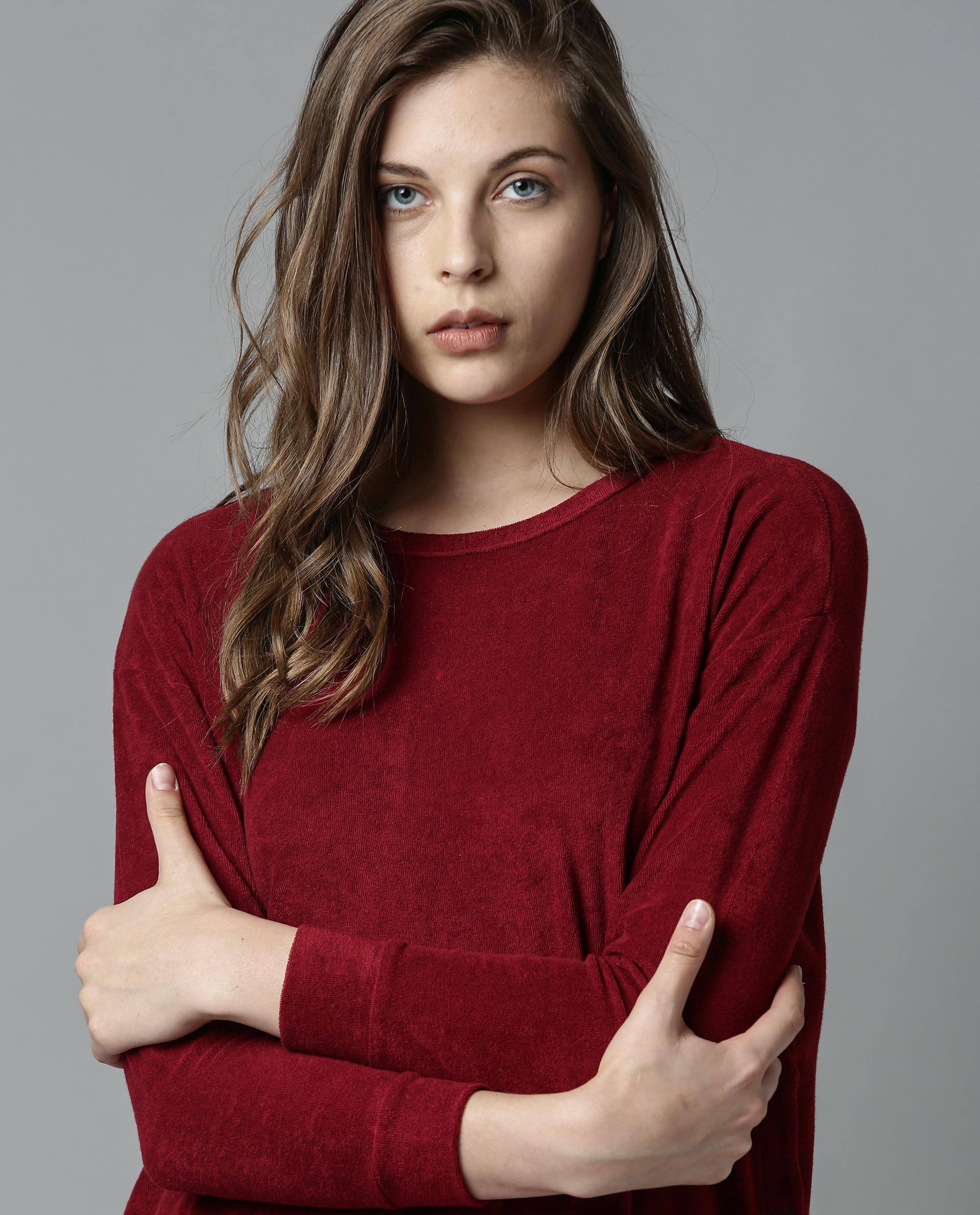 Rareism Women Kozy Maroon Top Knit Fabric Full Sleeves Solid