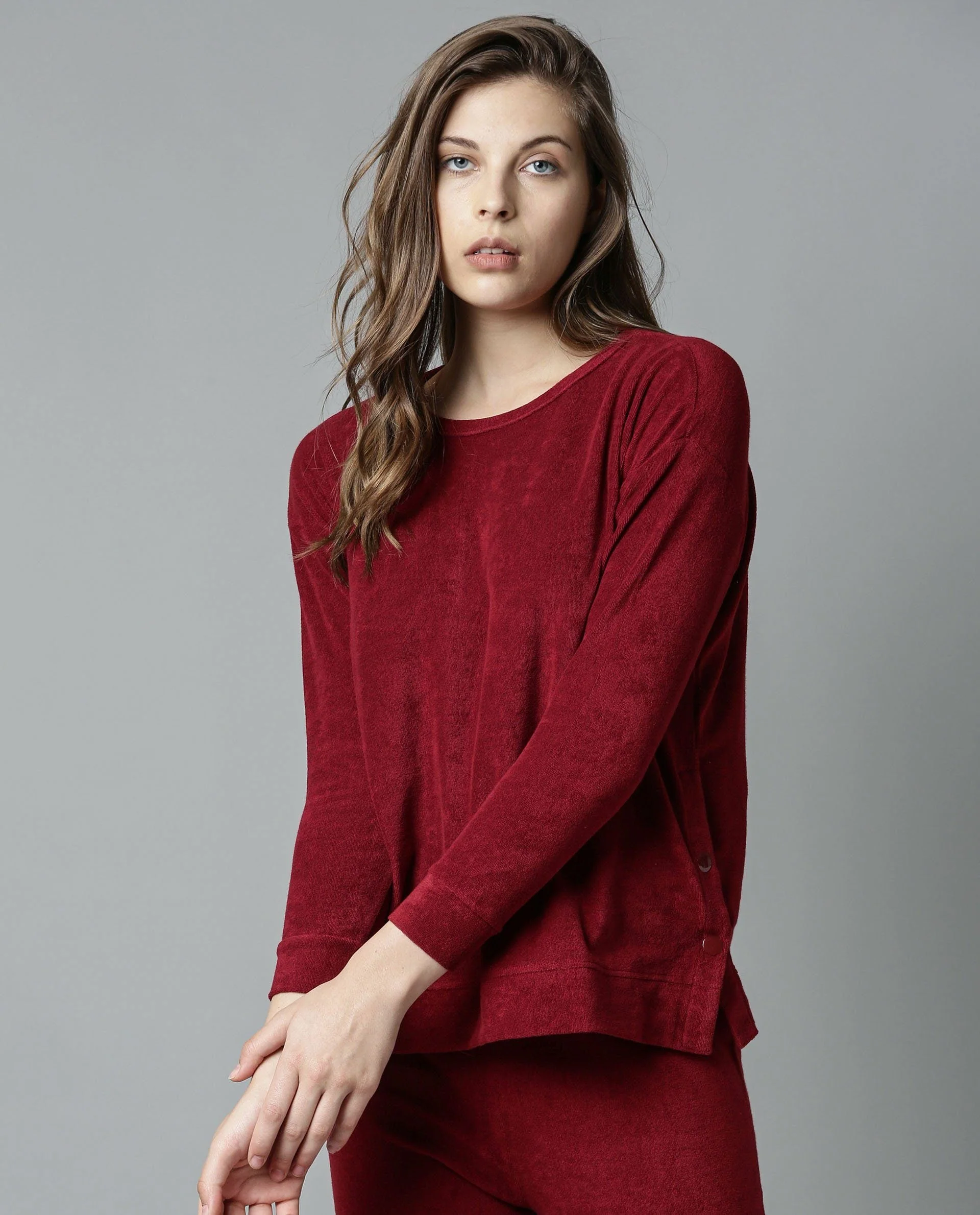 Rareism Women Kozy Maroon Top Knit Fabric Full Sleeves Solid - Image 3