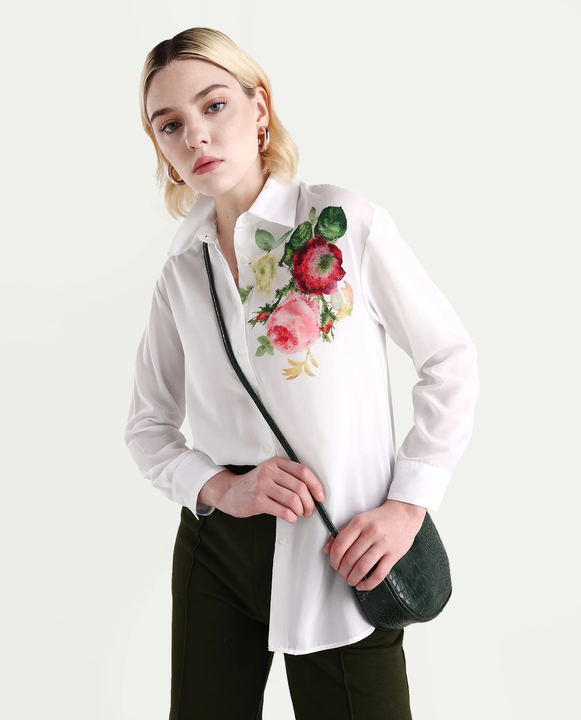 Rareism Women's Kraftt White Polyester Blend Drop Collar Floral Print Cuffed Sleeve Regular Fit Top