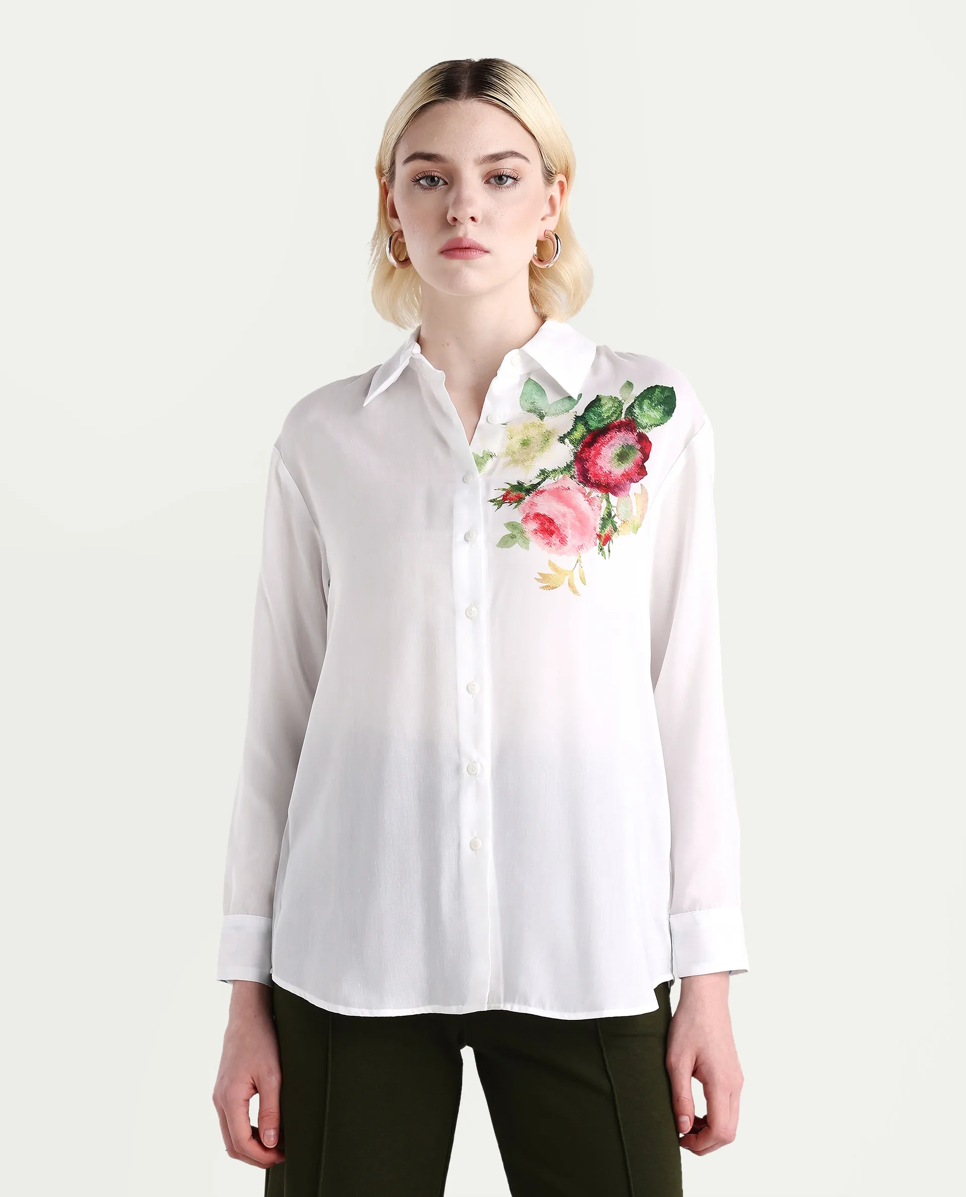 Rareism Women's Kraftt White Polyester Blend Drop Collar Floral Print Cuffed Sleeve Regular Fit Top - Image 3