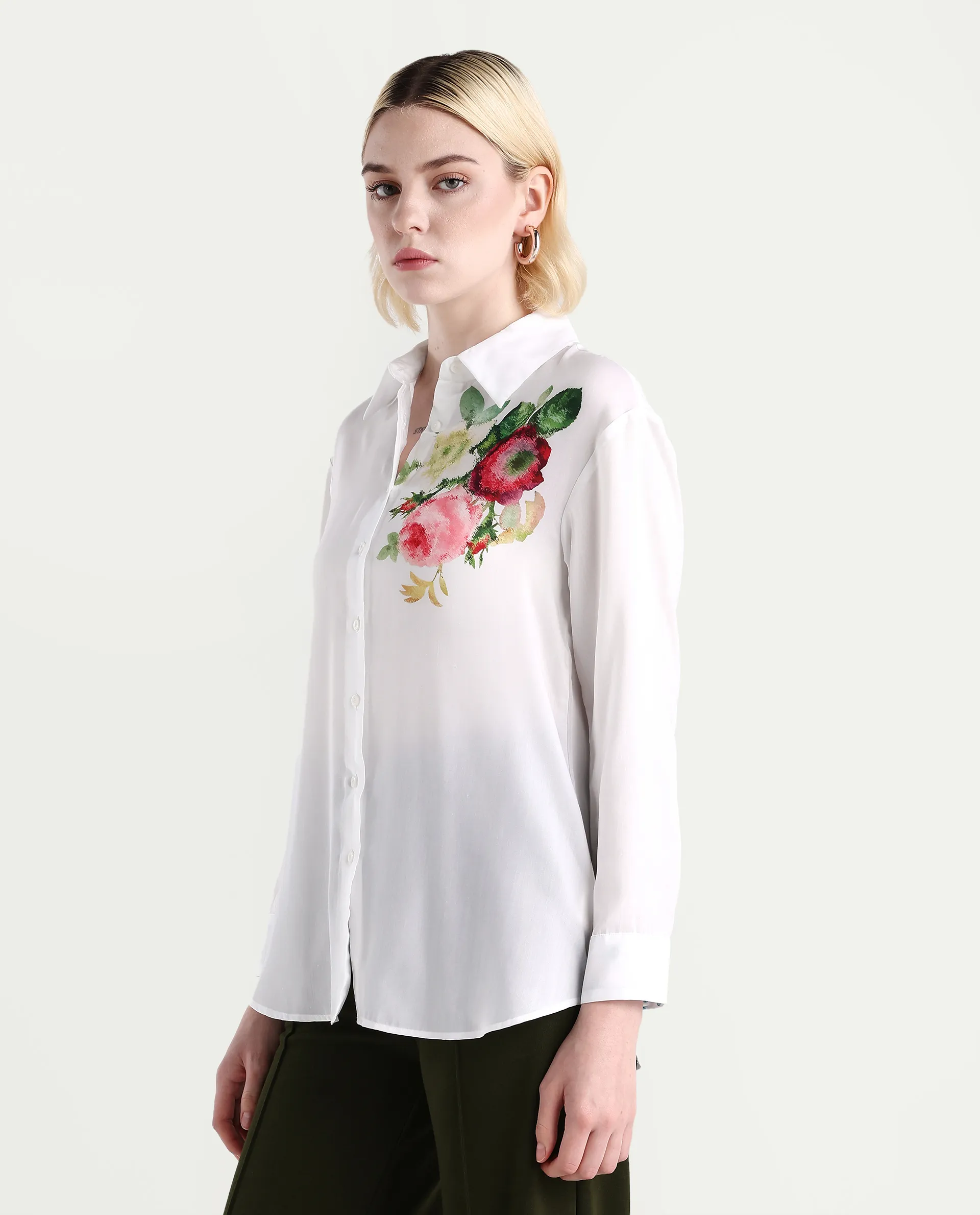 Rareism Women's Kraftt White Polyester Blend Drop Collar Floral Print Cuffed Sleeve Regular Fit Top - Image 4