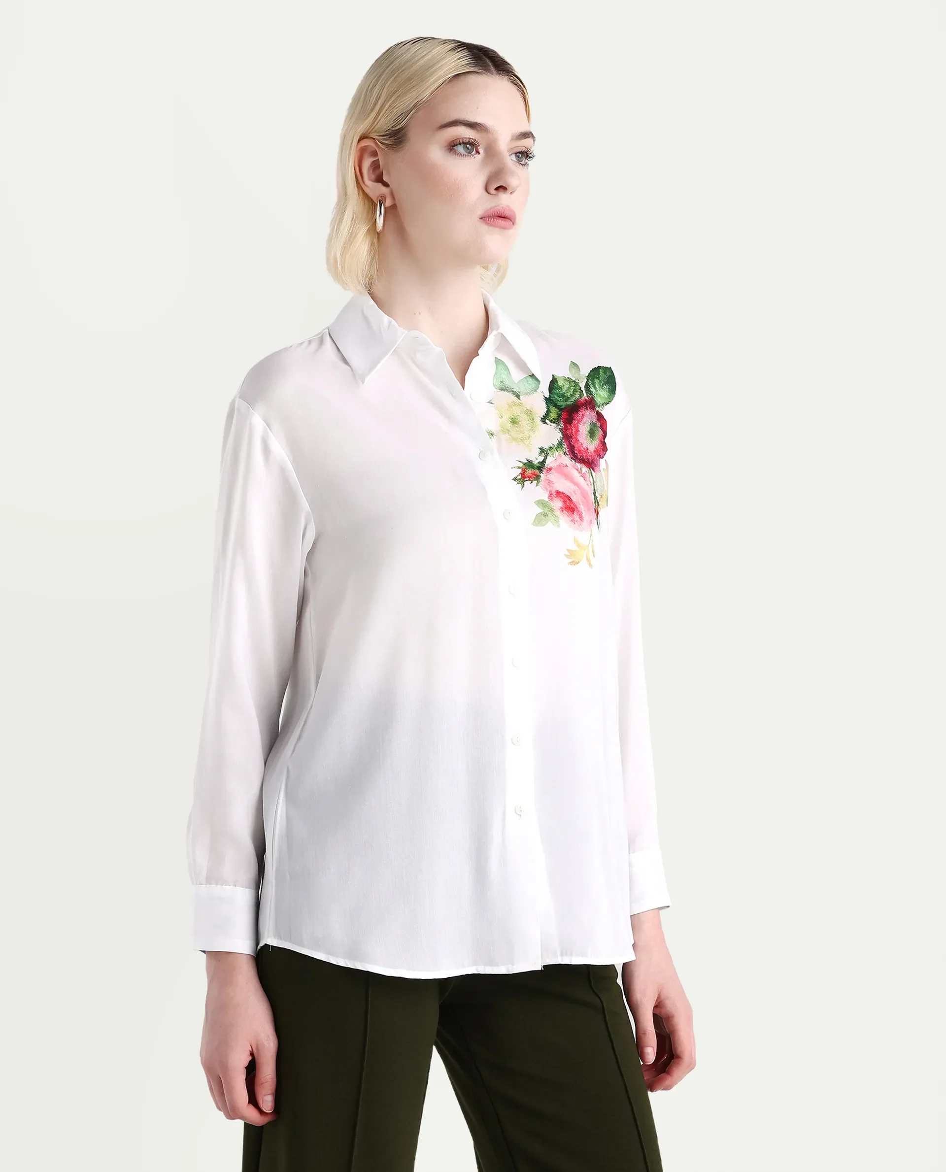 Rareism Women's Kraftt White Polyester Blend Drop Collar Floral Print Cuffed Sleeve Regular Fit Top - Image 5