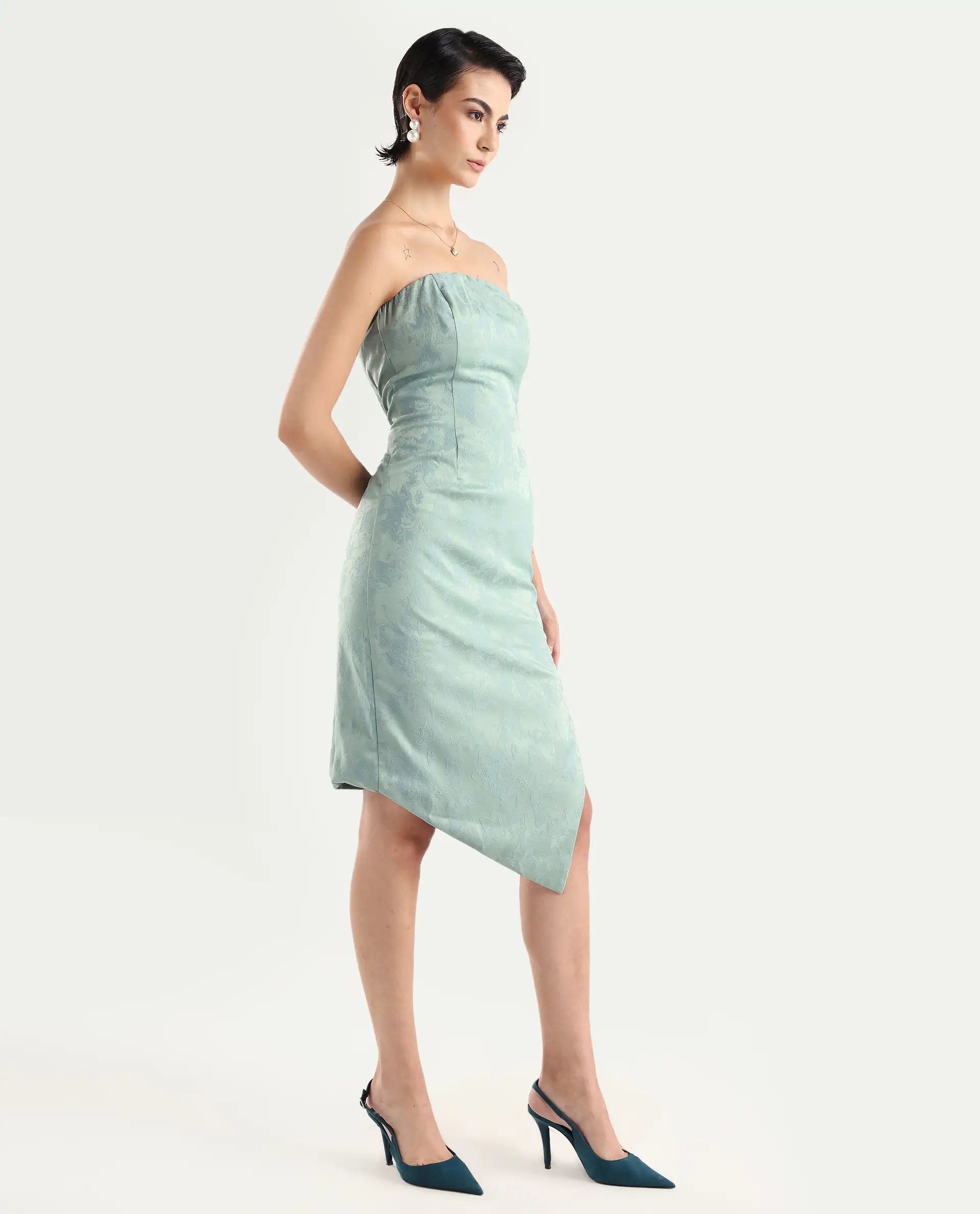 Rareism Women's Krakow Light Blue Polyester Shoulder Strap Plain Sleeveless Knee Length Bodycon Dress - Image 5