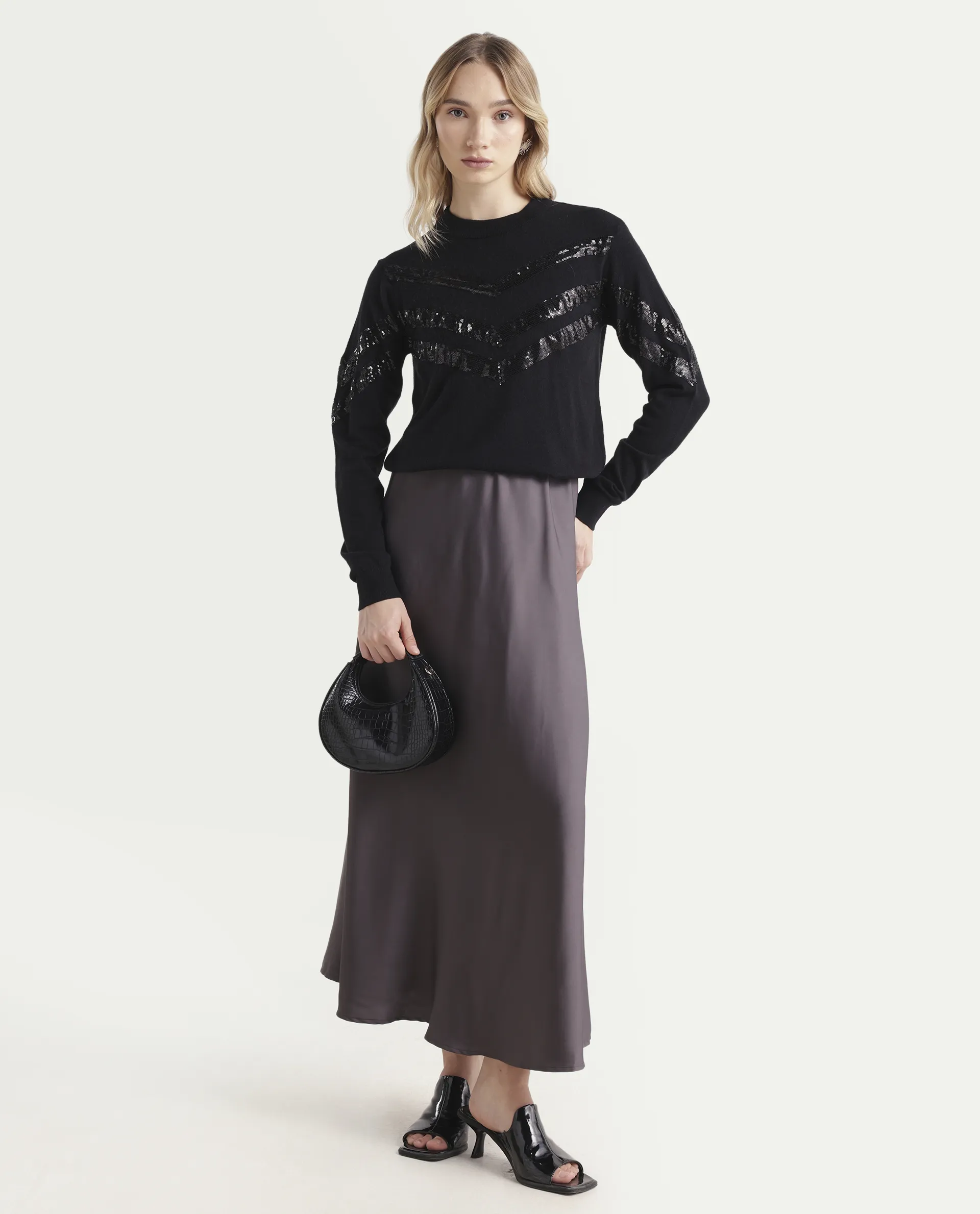Rareism Women's Kran Black Viscose Crew Neck Embellished Regular Fit Sweater - Image 2