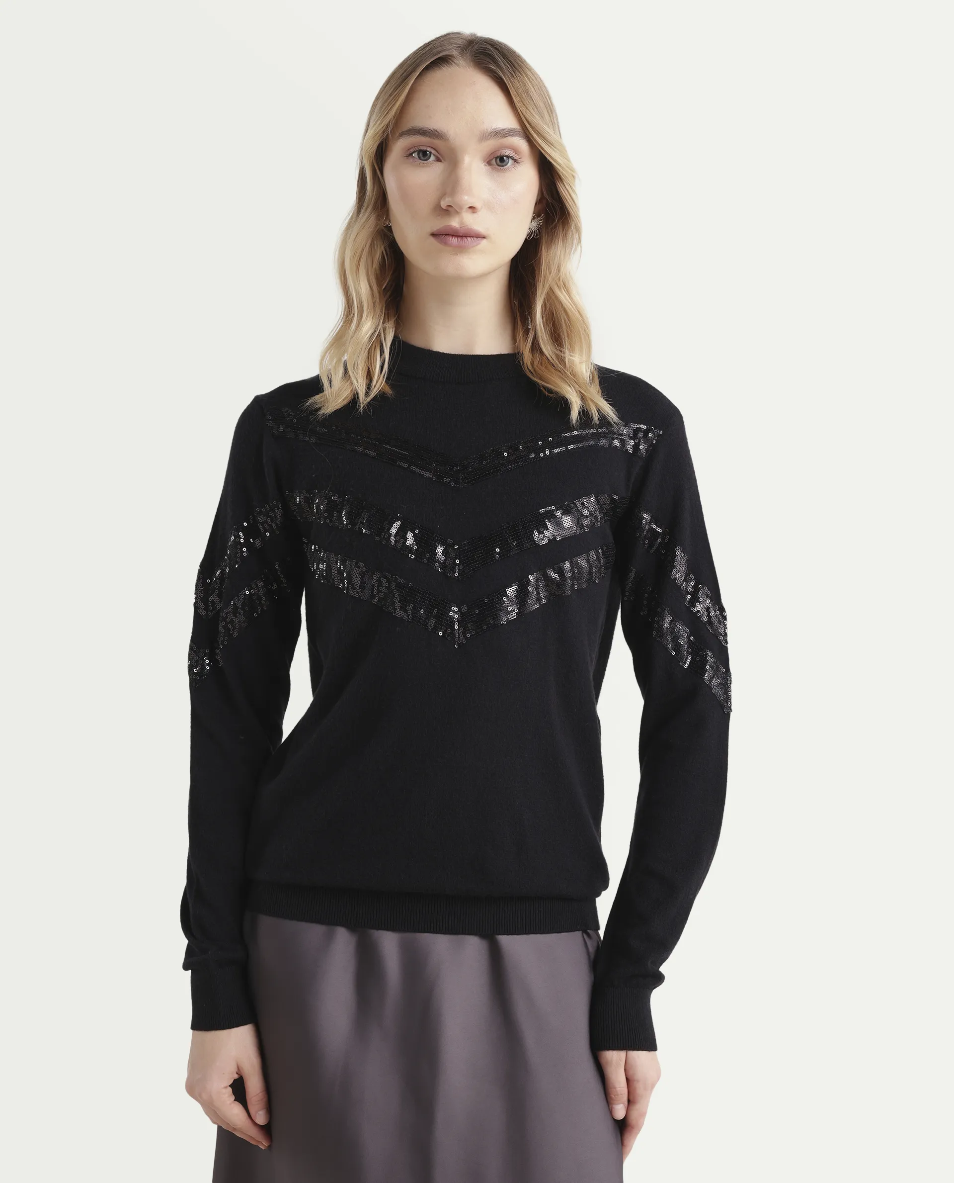 Rareism Women's Kran Black Viscose Crew Neck Embellished Regular Fit Sweater - Image 3