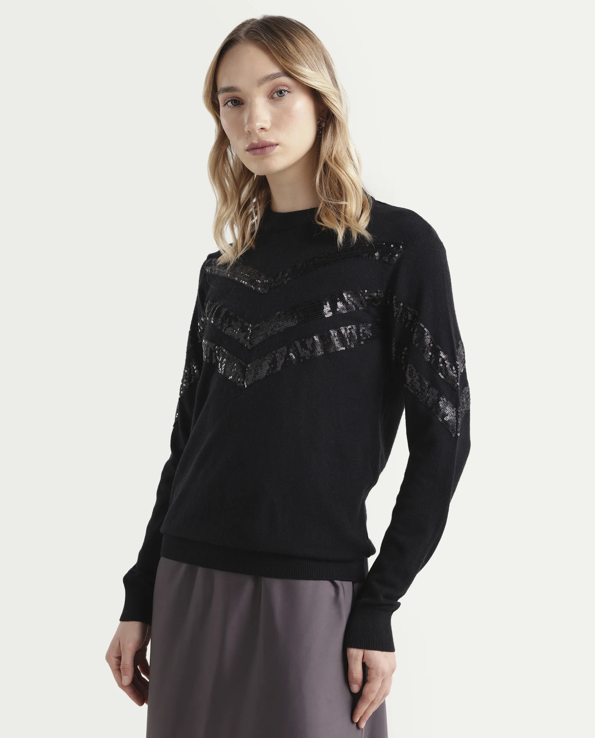 Rareism Women's Kran Black Viscose Crew Neck Embellished Regular Fit Sweater - Image 5