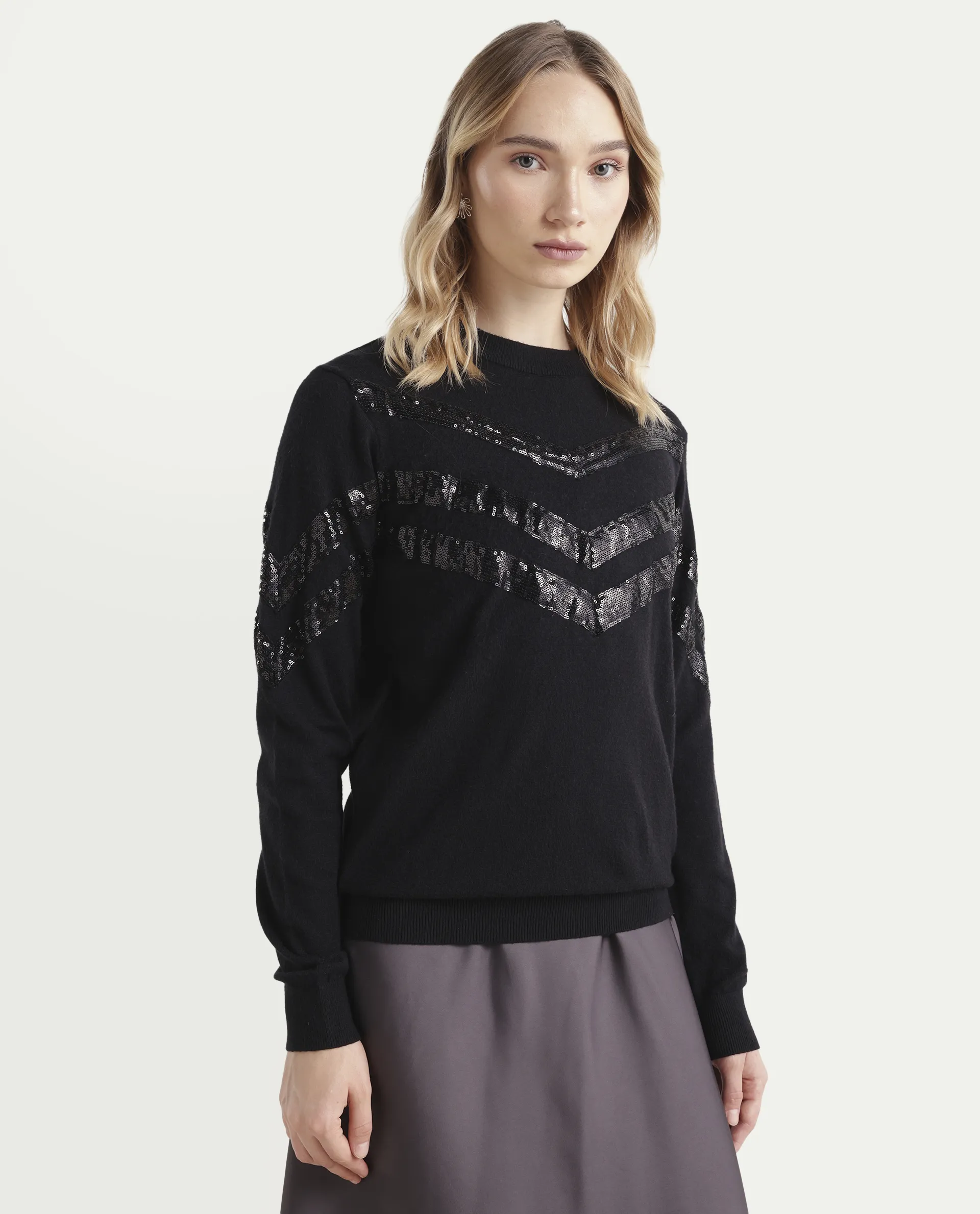 Rareism Women's Kran Black Viscose Crew Neck Embellished Regular Fit Sweater - Image 6