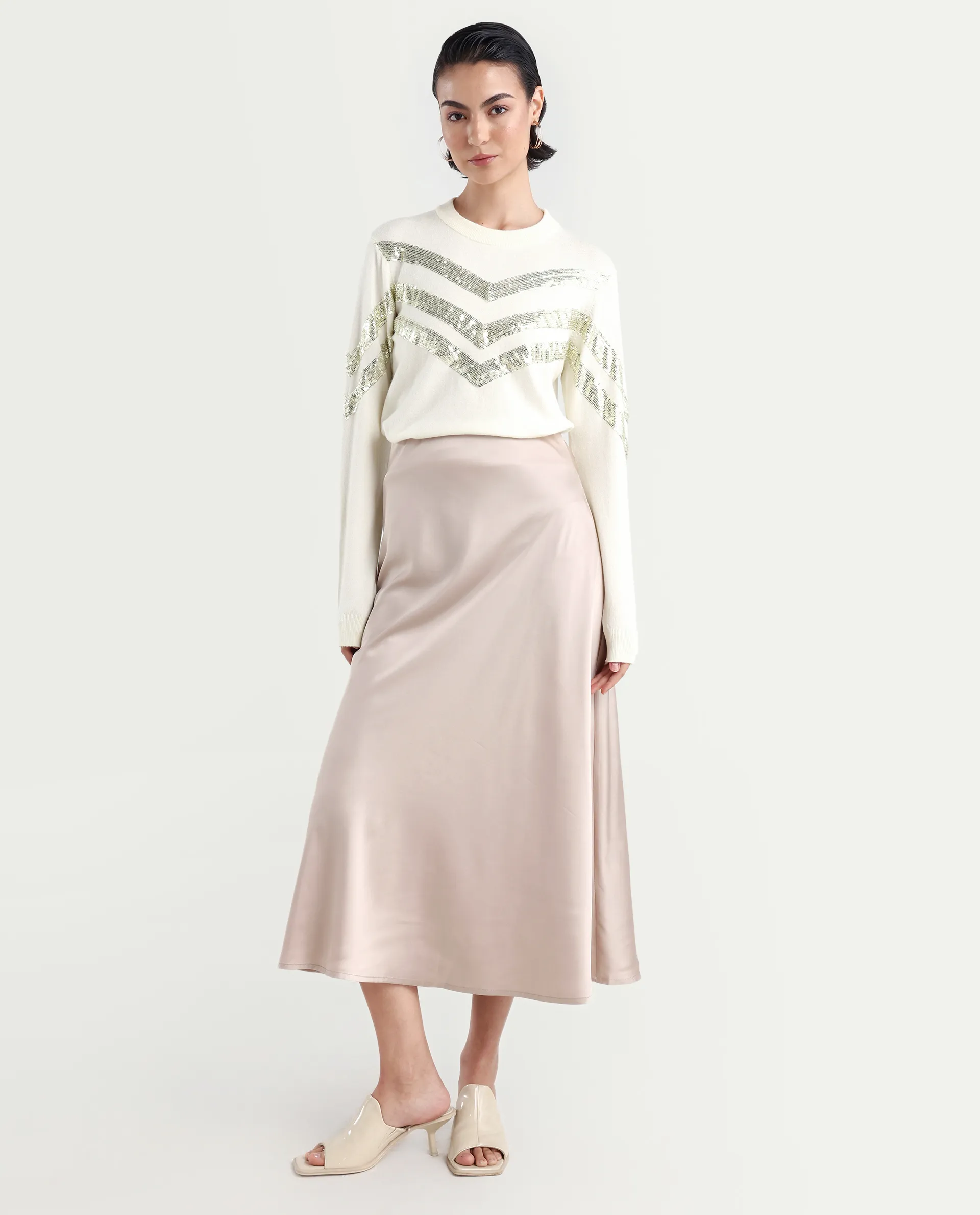 Rareism Women's Kran Off White Viscose Crew Neck Embellished Regular Fit Sweater - Image 2
