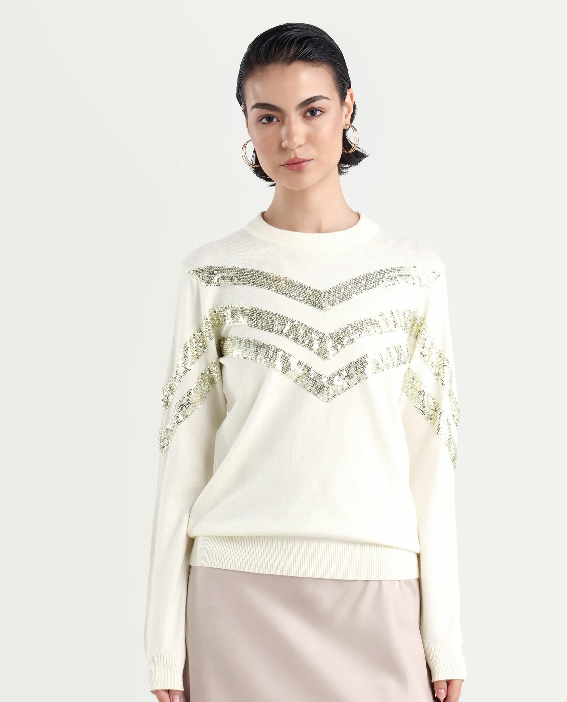 Rareism Women's Kran Off White Viscose Crew Neck Embellished Regular Fit Sweater - Image 3