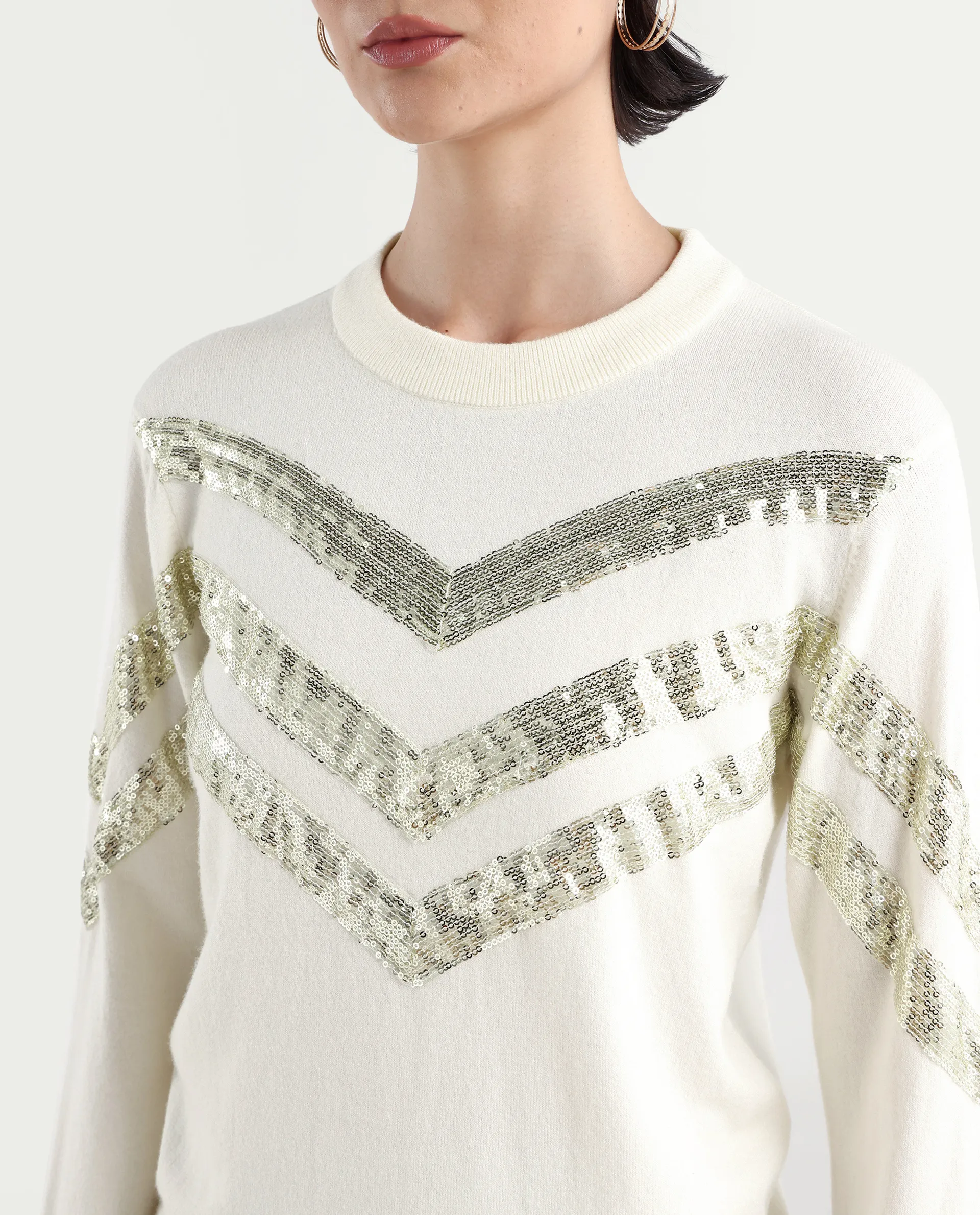 Rareism Women's Kran Off White Viscose Crew Neck Embellished Regular Fit Sweater - Image 4