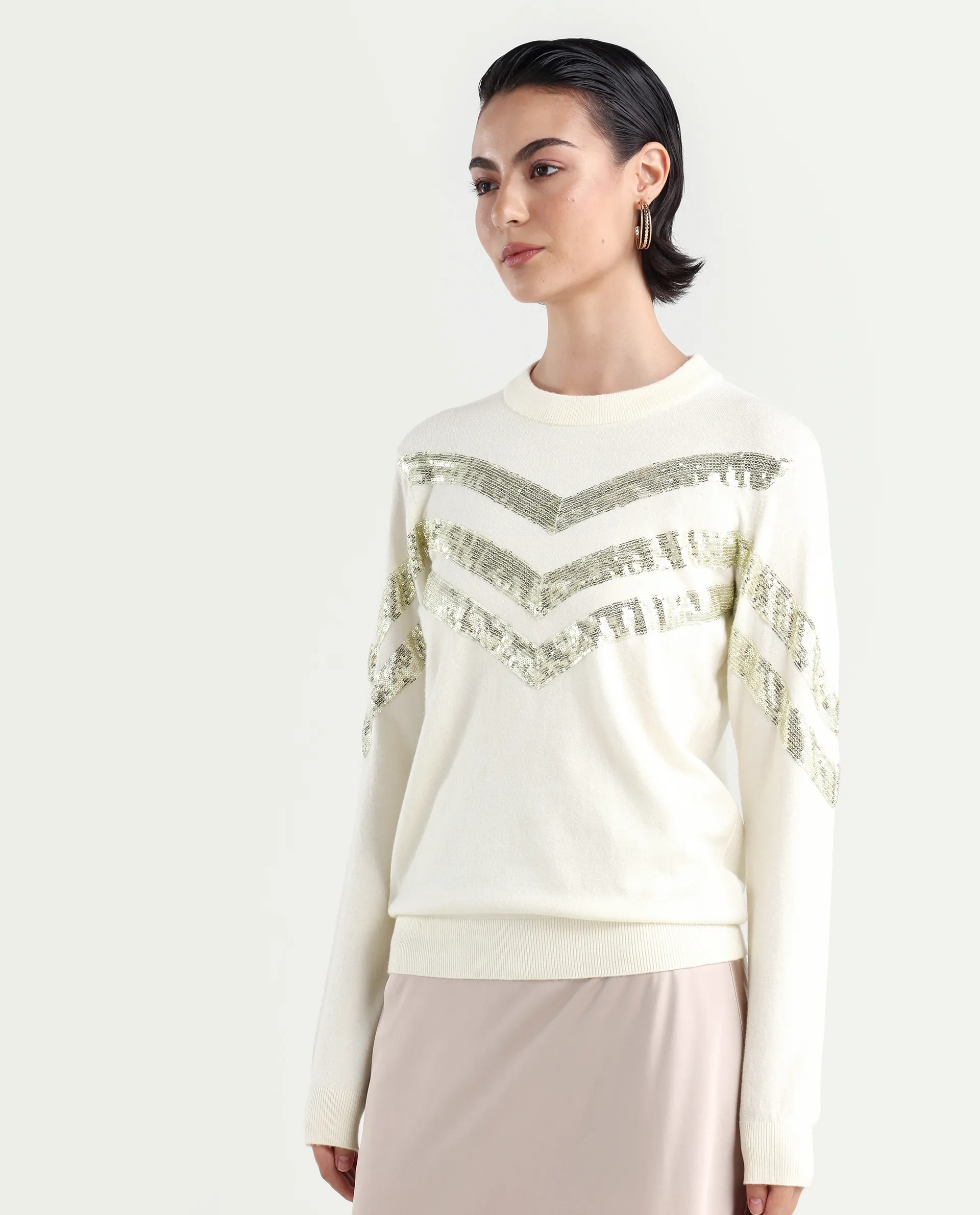 Rareism Women's Kran Off White Viscose Crew Neck Embellished Regular Fit Sweater - Image 5