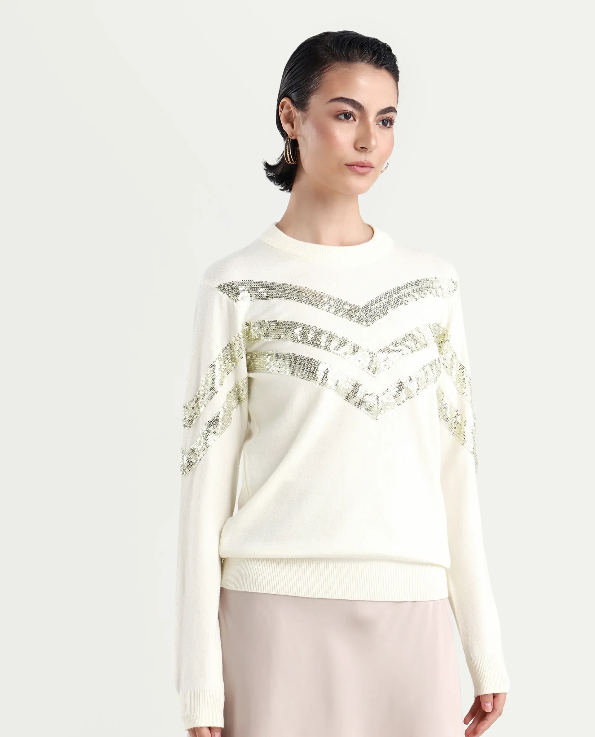 Rareism Women's Kran Off White Viscose Crew Neck Embellished Regular Fit Sweater - Image 6