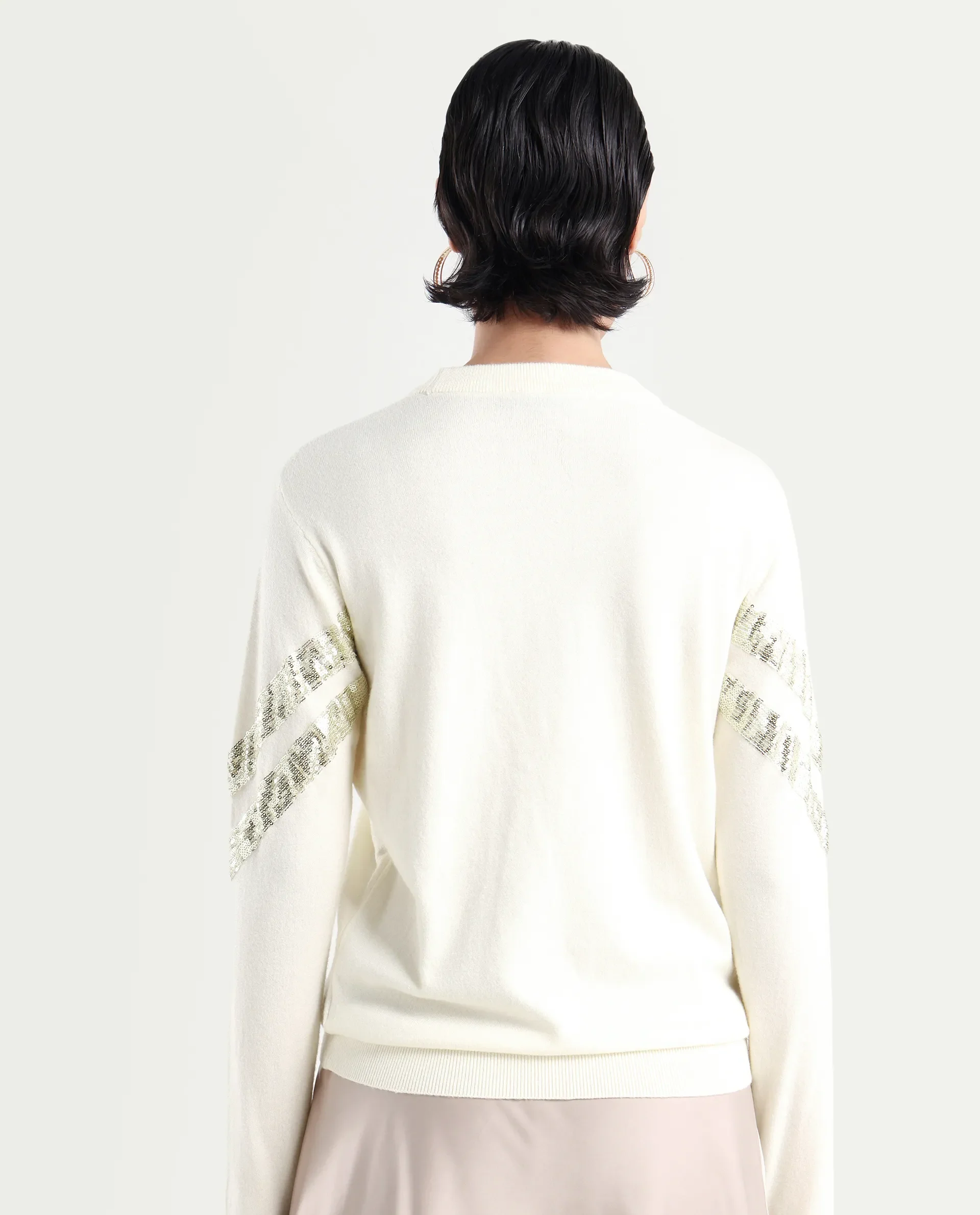 Rareism Women's Kran Off White Viscose Crew Neck Embellished Regular Fit Sweater - Image 7