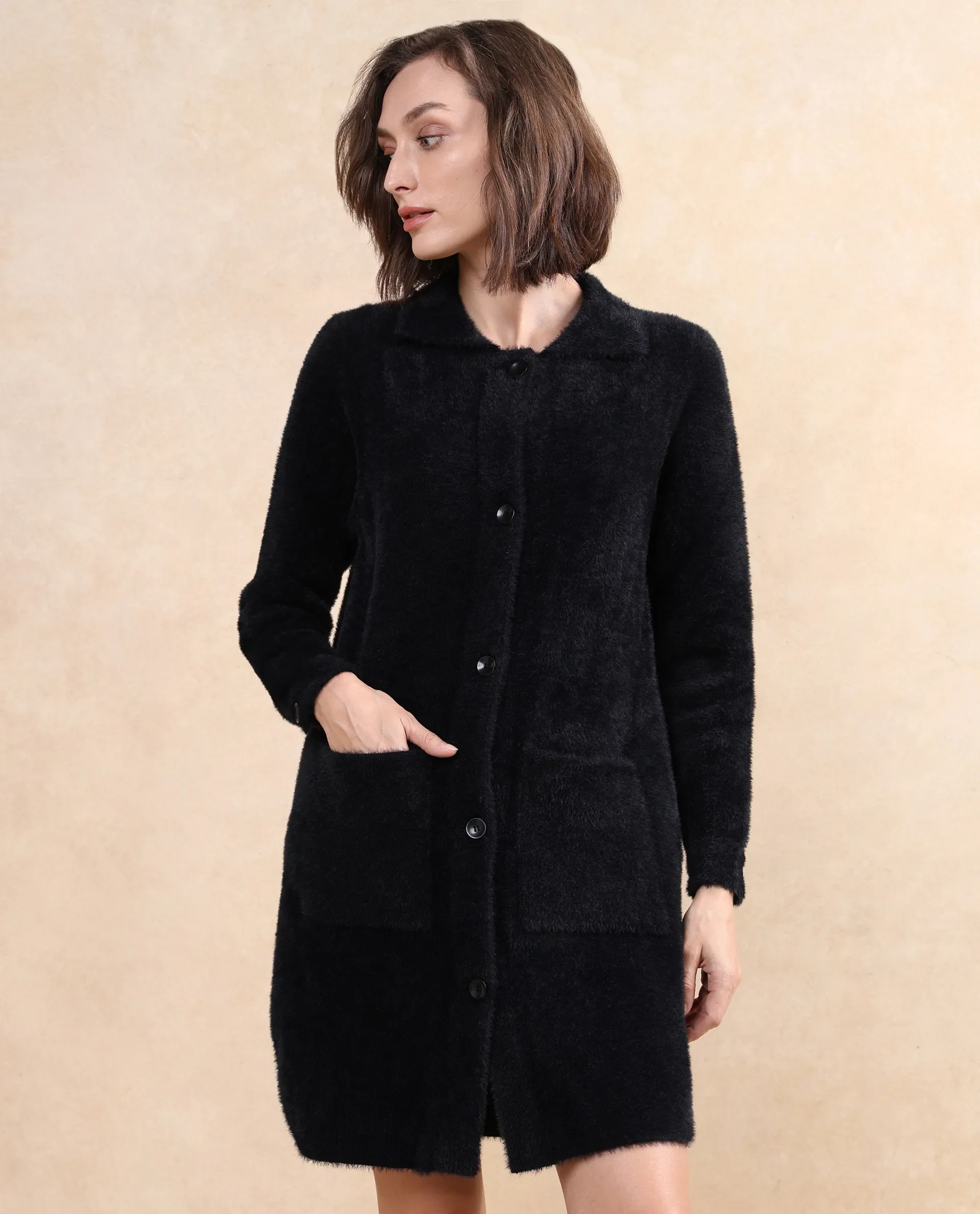 Rareism Women's Polyester Drop Collar Plain Cuffed Sleeve Knee Length Regular Fit Jacket - Image 2