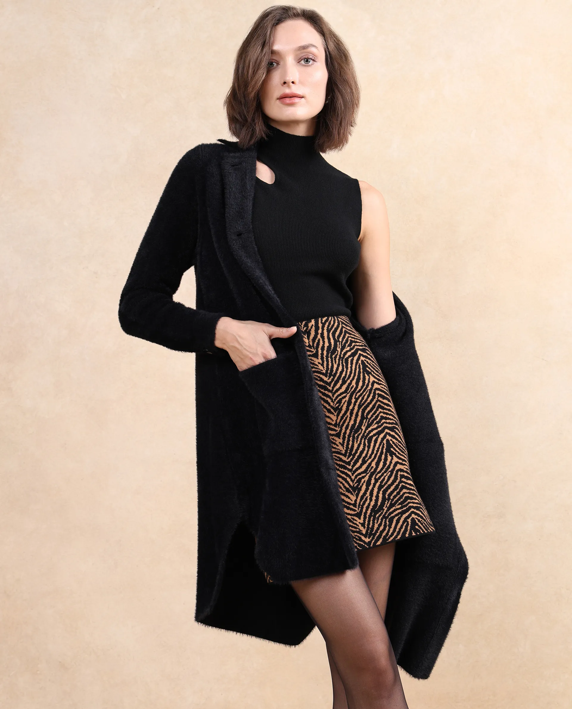 Rareism Women's Polyester Drop Collar Plain Cuffed Sleeve Knee Length Regular Fit Jacket - Image 5