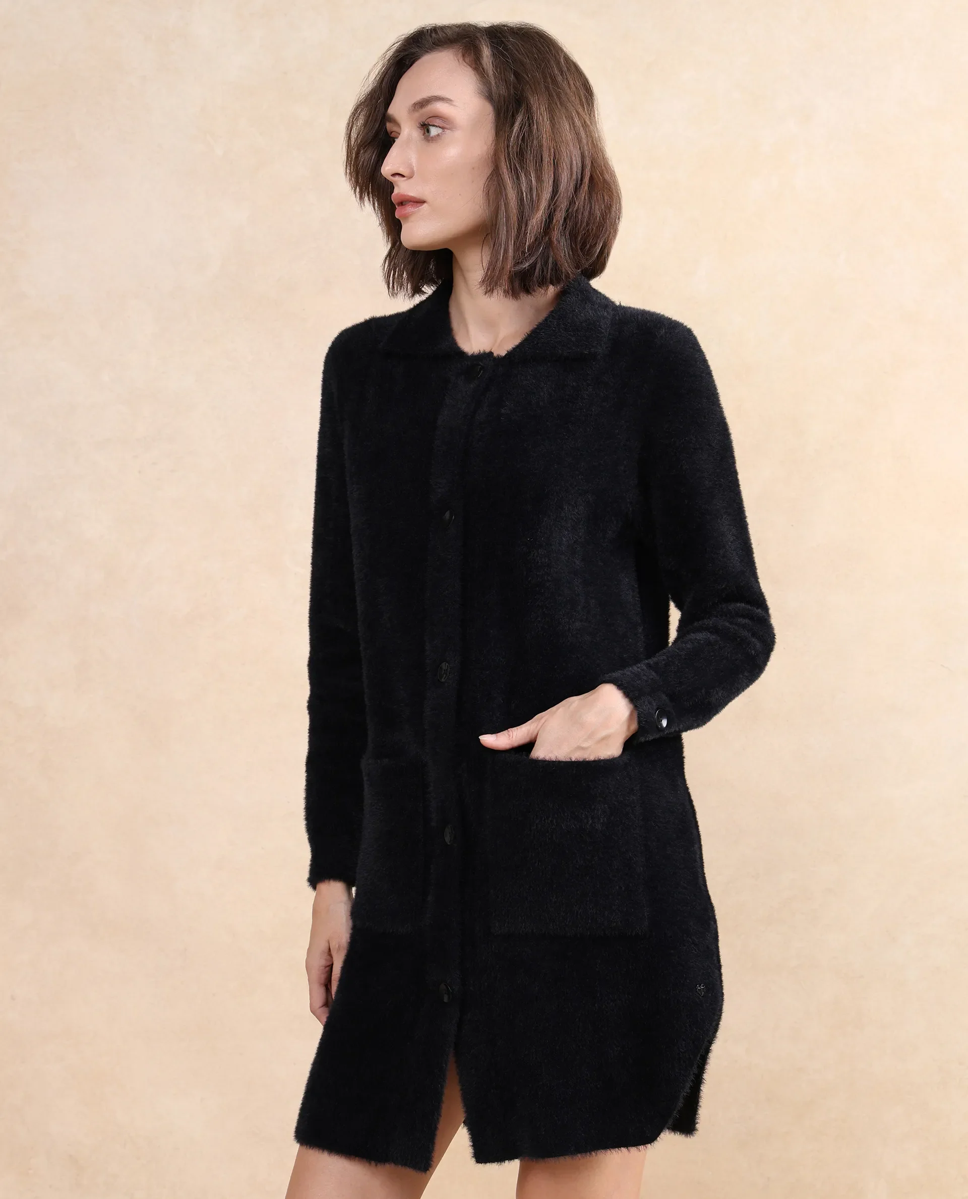 Rareism Women's Polyester Drop Collar Plain Cuffed Sleeve Knee Length Regular Fit Jacket - Image 6