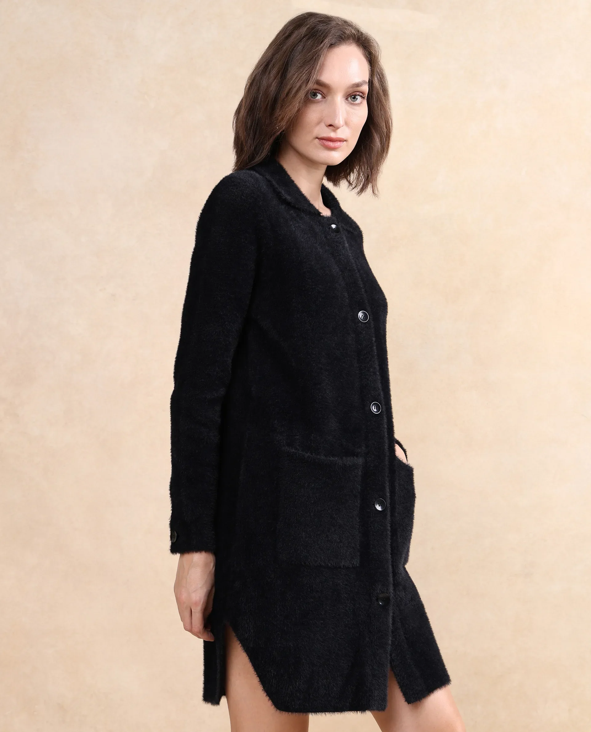 Rareism Women's Polyester Drop Collar Plain Cuffed Sleeve Knee Length Regular Fit Jacket - Image 7
