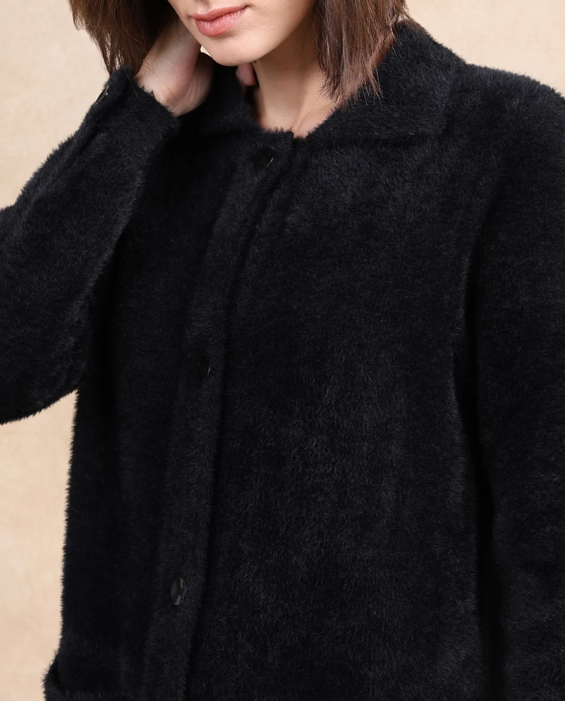 Rareism Women's Polyester Drop Collar Plain Cuffed Sleeve Knee Length Regular Fit Jacket - Image 8