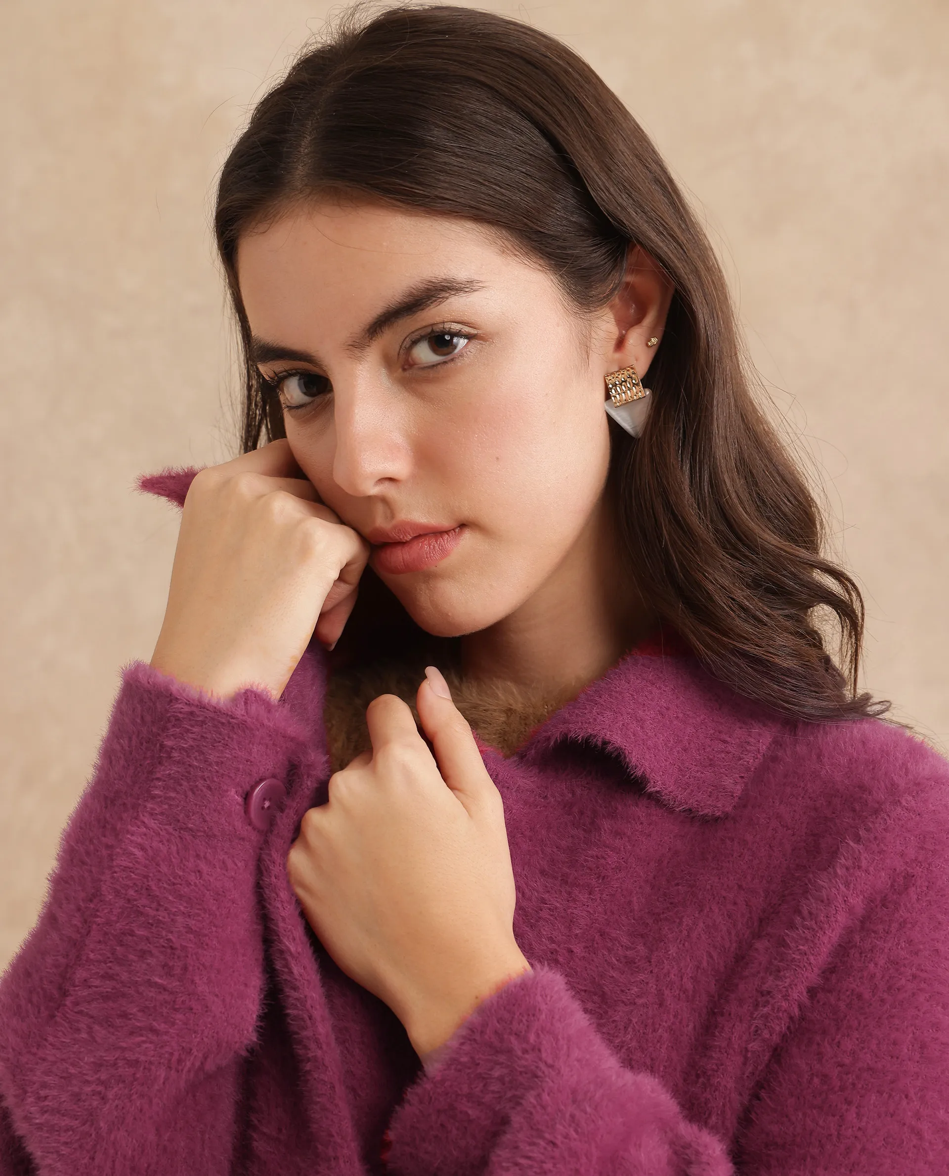 Rareism Women's Krataz Dusky Maroon Polyester Spread Collar Plain Cuffed Sleeve Knee Length Regular Fit Jacket - Image 3