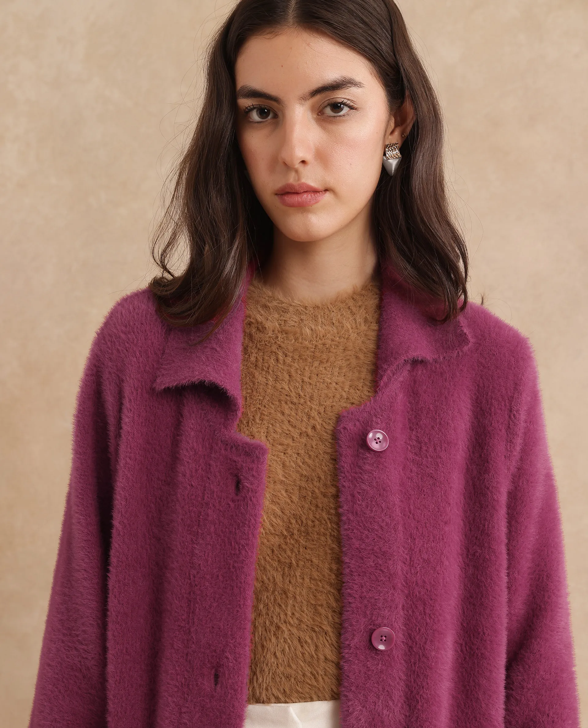 Rareism Women's Krataz Dusky Maroon Polyester Spread Collar Plain Cuffed Sleeve Knee Length Regular Fit Jacket - Image 4