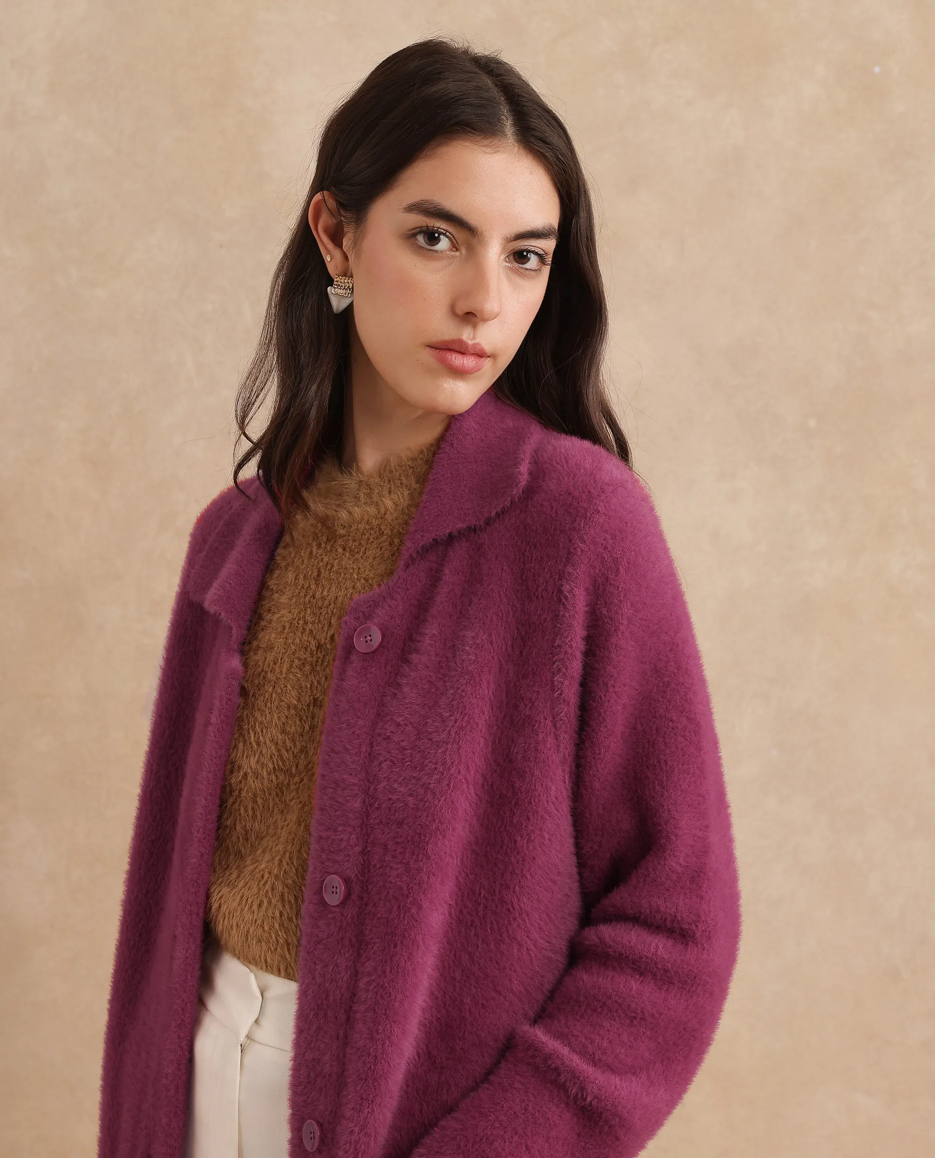Rareism Women's Krataz Dusky Maroon Polyester Spread Collar Plain Cuffed Sleeve Knee Length Regular Fit Jacket - Image 5