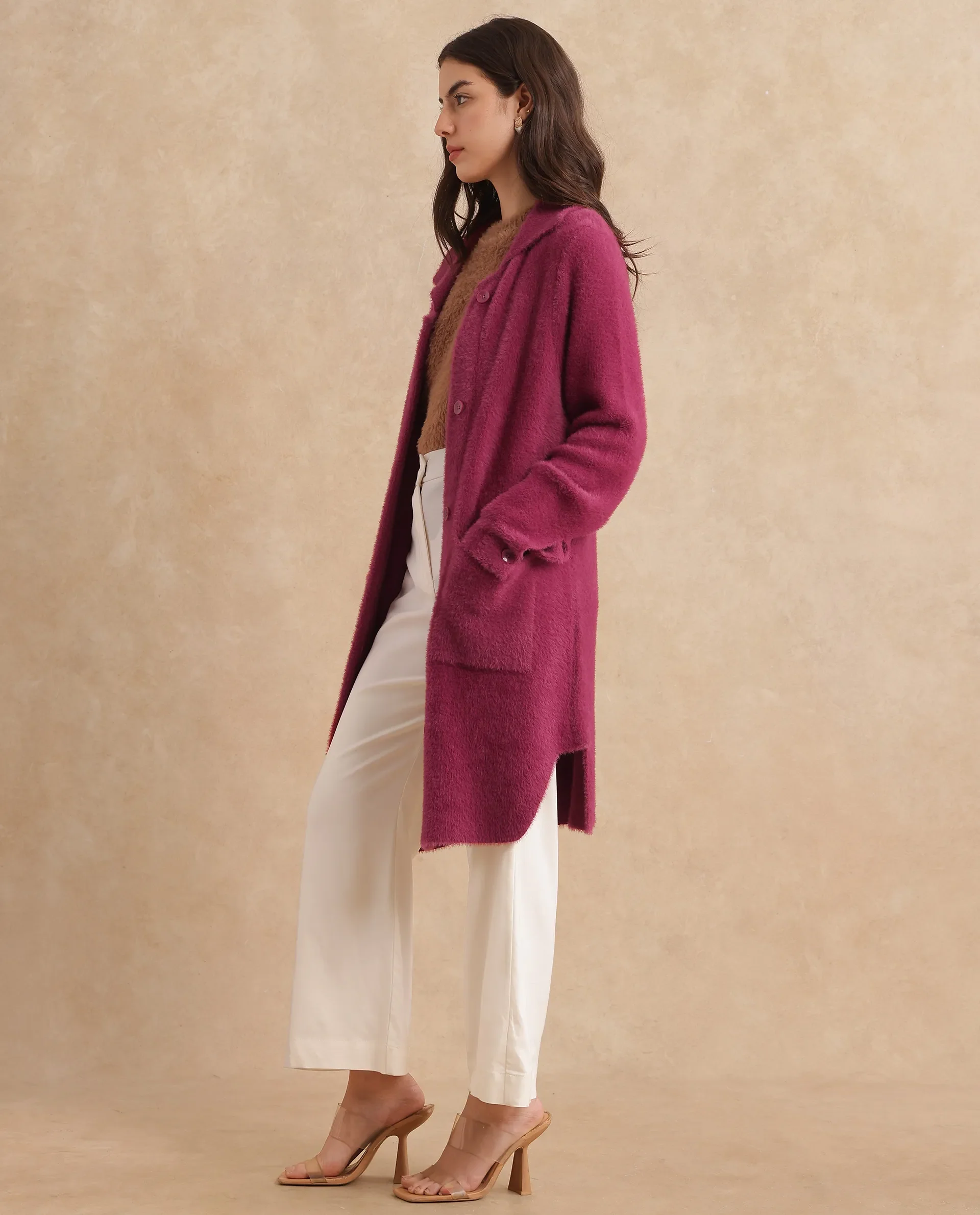 Rareism Women's Krataz Dusky Maroon Polyester Spread Collar Plain Cuffed Sleeve Knee Length Regular Fit Jacket - Image 6