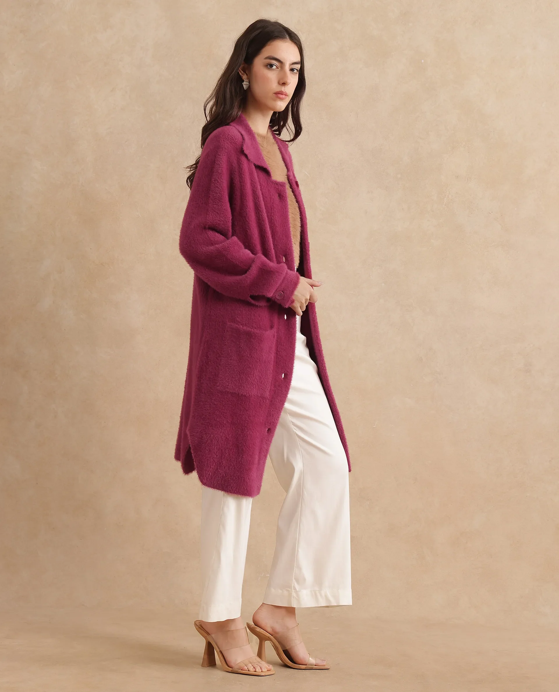 Rareism Women's Krataz Dusky Maroon Polyester Spread Collar Plain Cuffed Sleeve Knee Length Regular Fit Jacket - Image 7