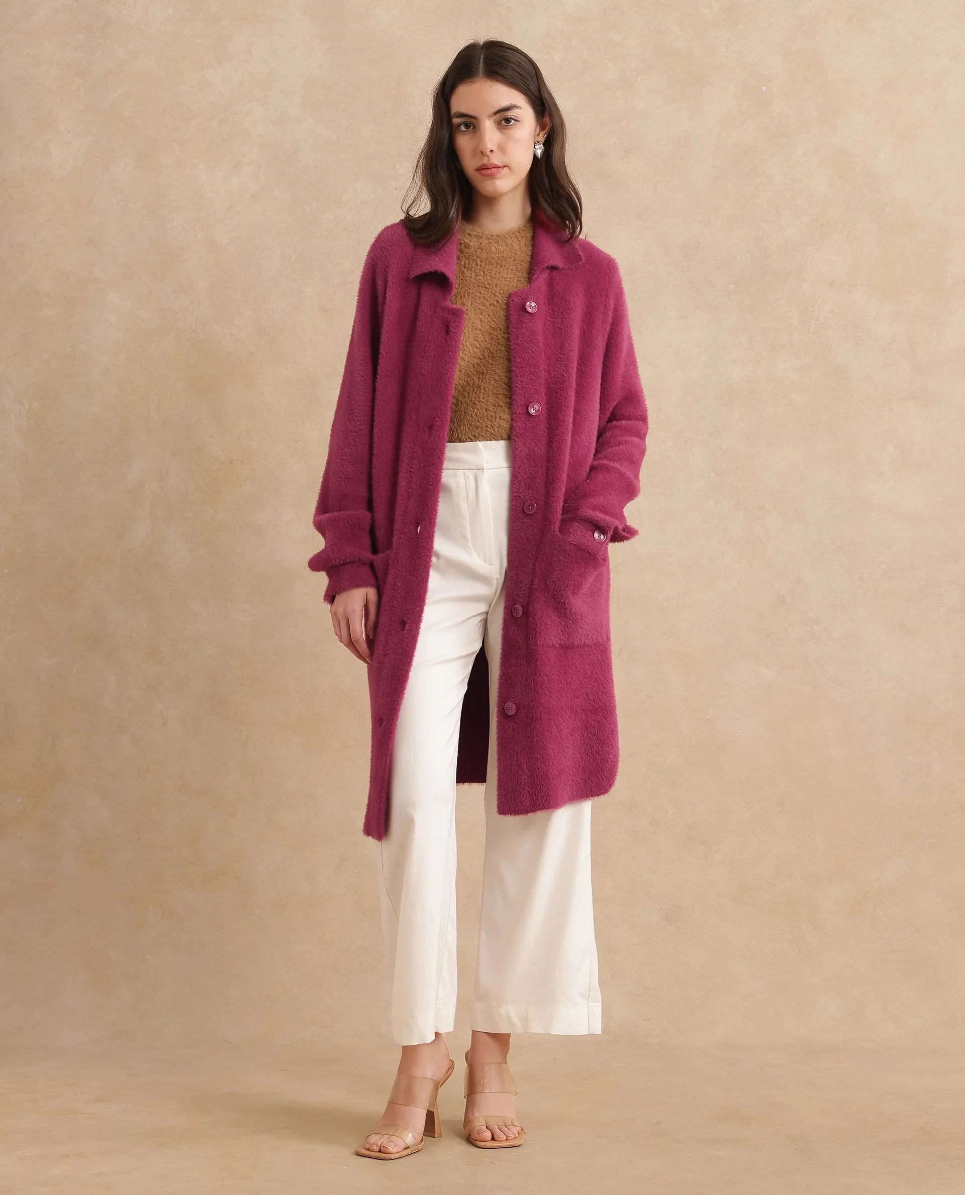 Rareism Women's Krataz Dusky Maroon Polyester Spread Collar Plain Cuffed Sleeve Knee Length Regular Fit Jacket - Image 8