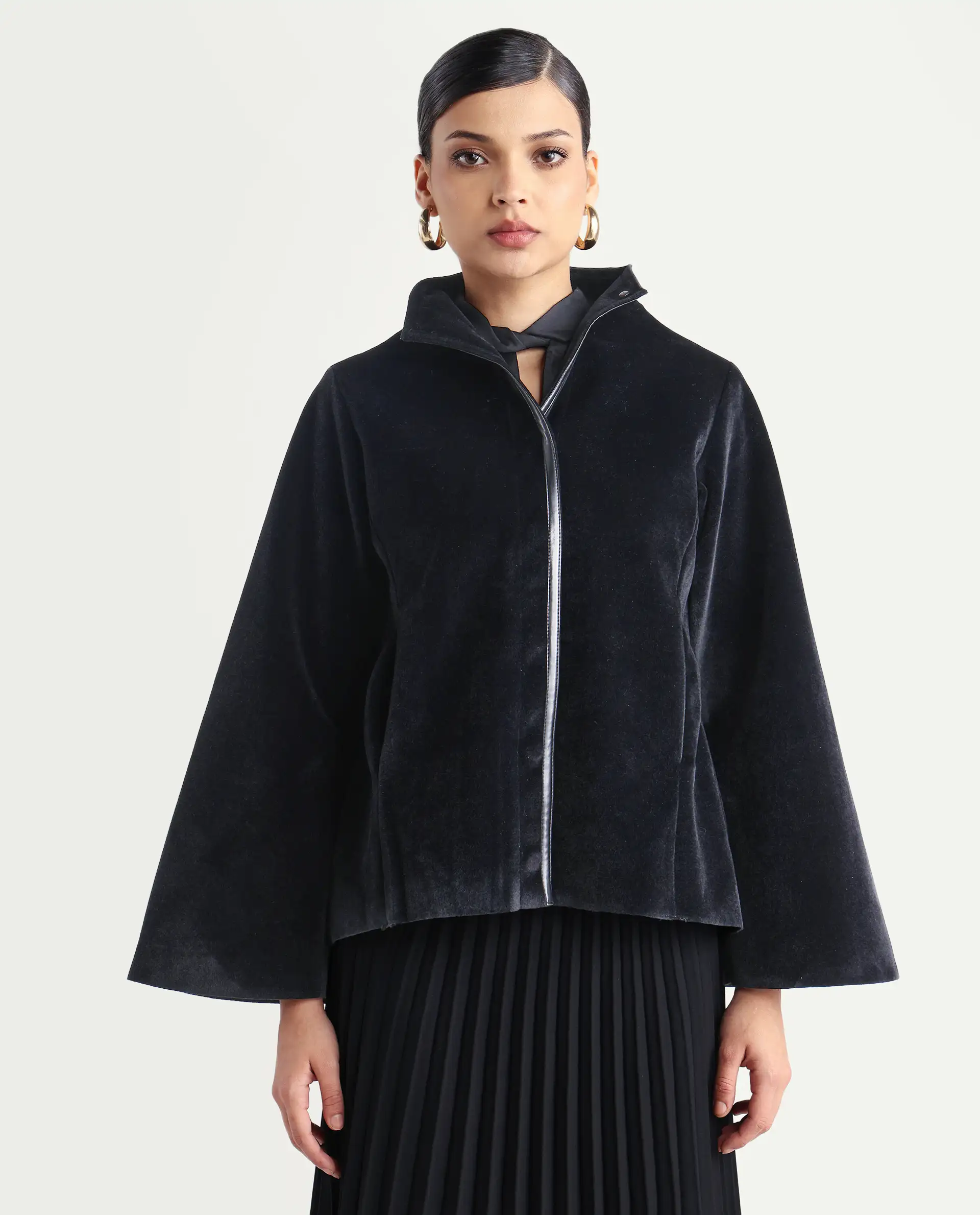 Rareism Women's Kraus Black Polyester High Neck Plain Bell Sleeve Regular Fit Jacket - Image 3
