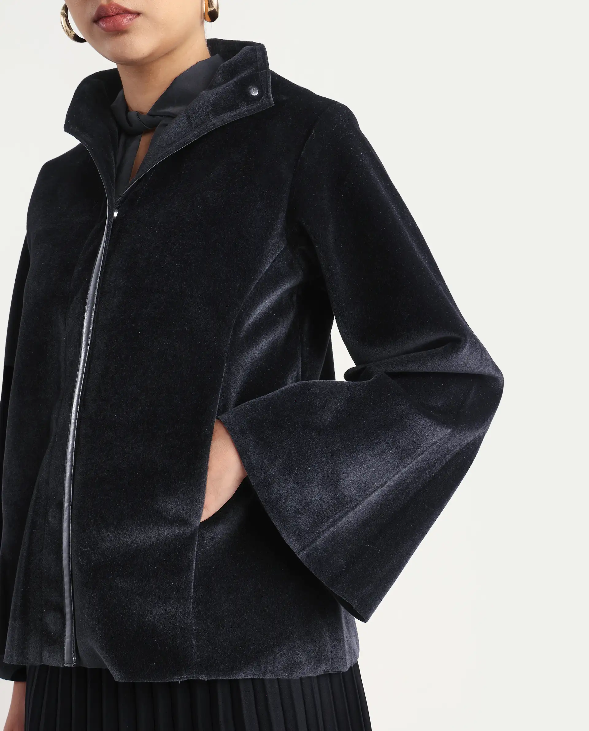 Rareism Women's Kraus Black Polyester High Neck Plain Bell Sleeve Regular Fit Jacket - Image 4
