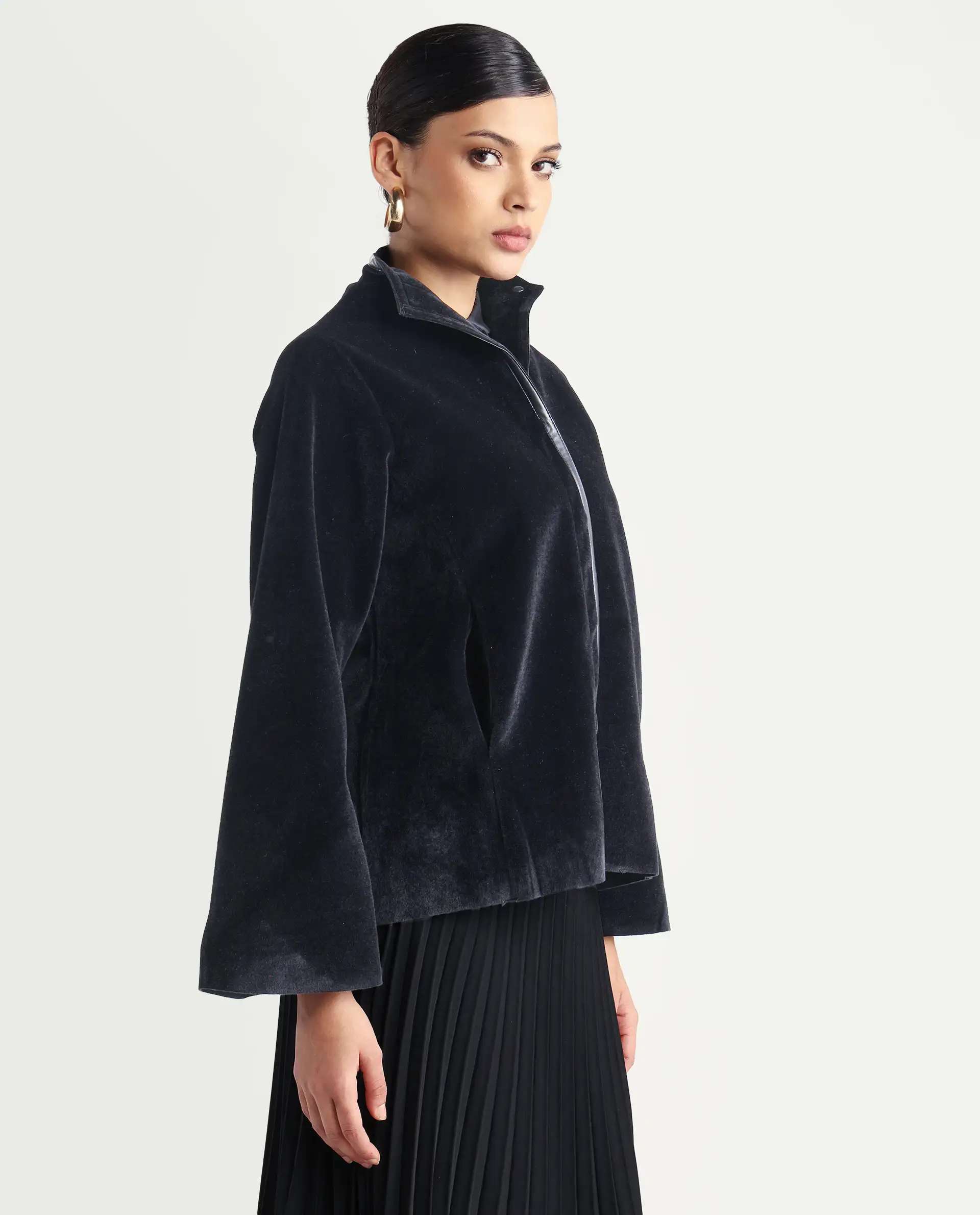 Rareism Women's Kraus Black Polyester High Neck Plain Bell Sleeve Regular Fit Jacket - Image 5