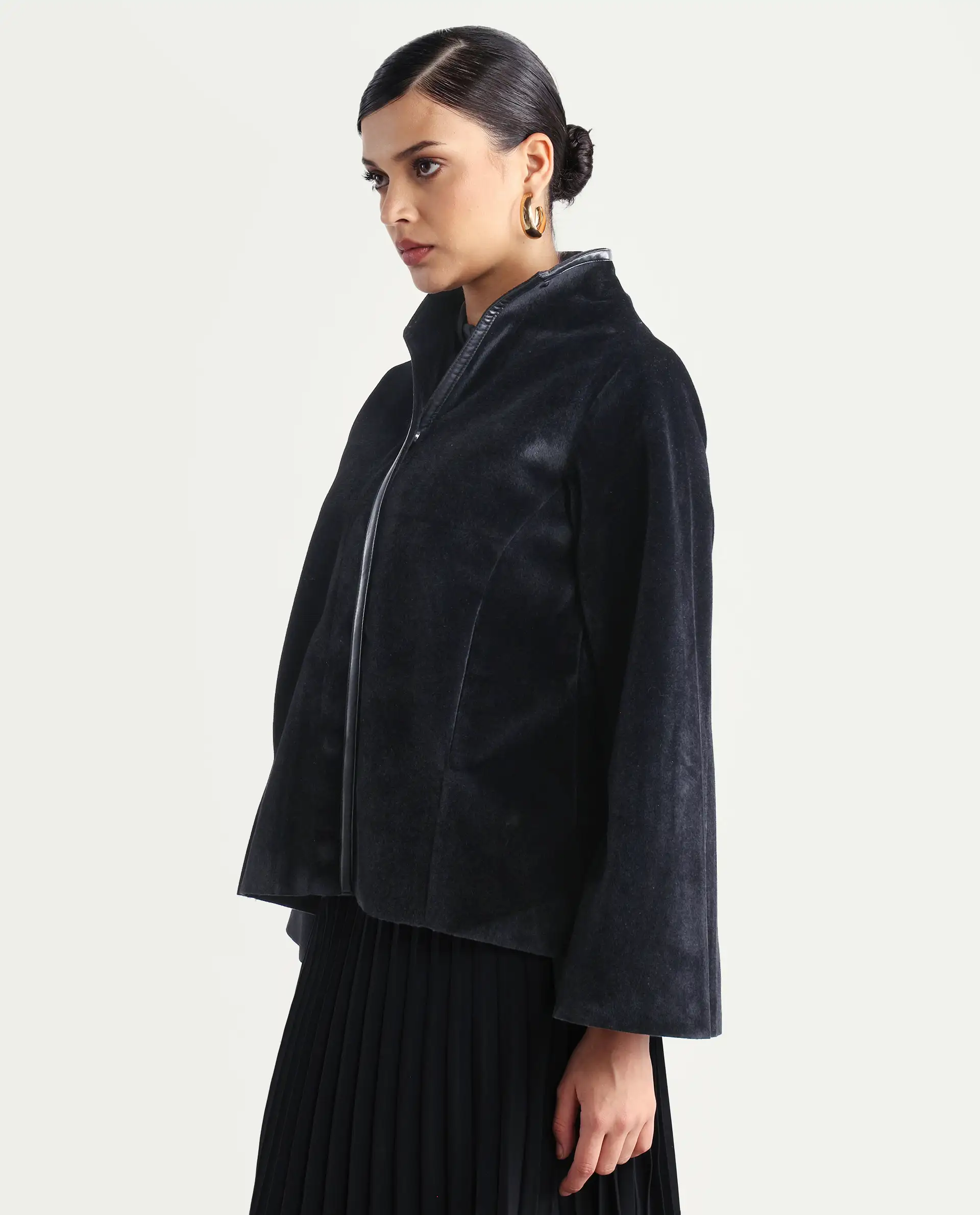 Rareism Women's Kraus Black Polyester High Neck Plain Bell Sleeve Regular Fit Jacket - Image 6