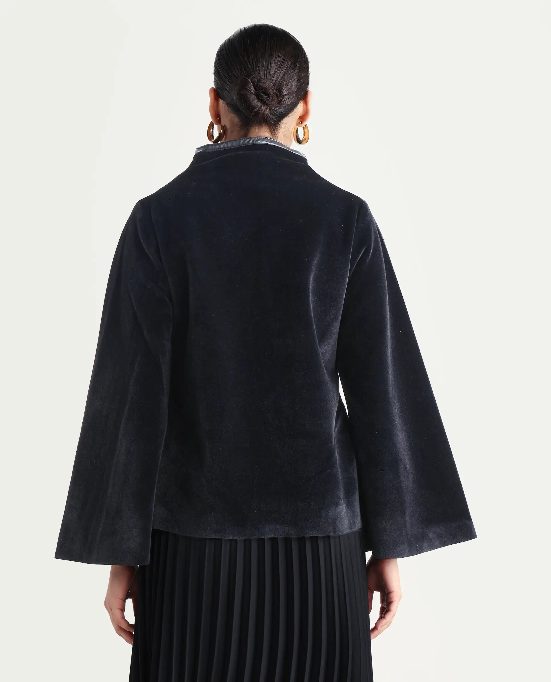 Rareism Women's Kraus Black Polyester High Neck Plain Bell Sleeve Regular Fit Jacket - Image 7