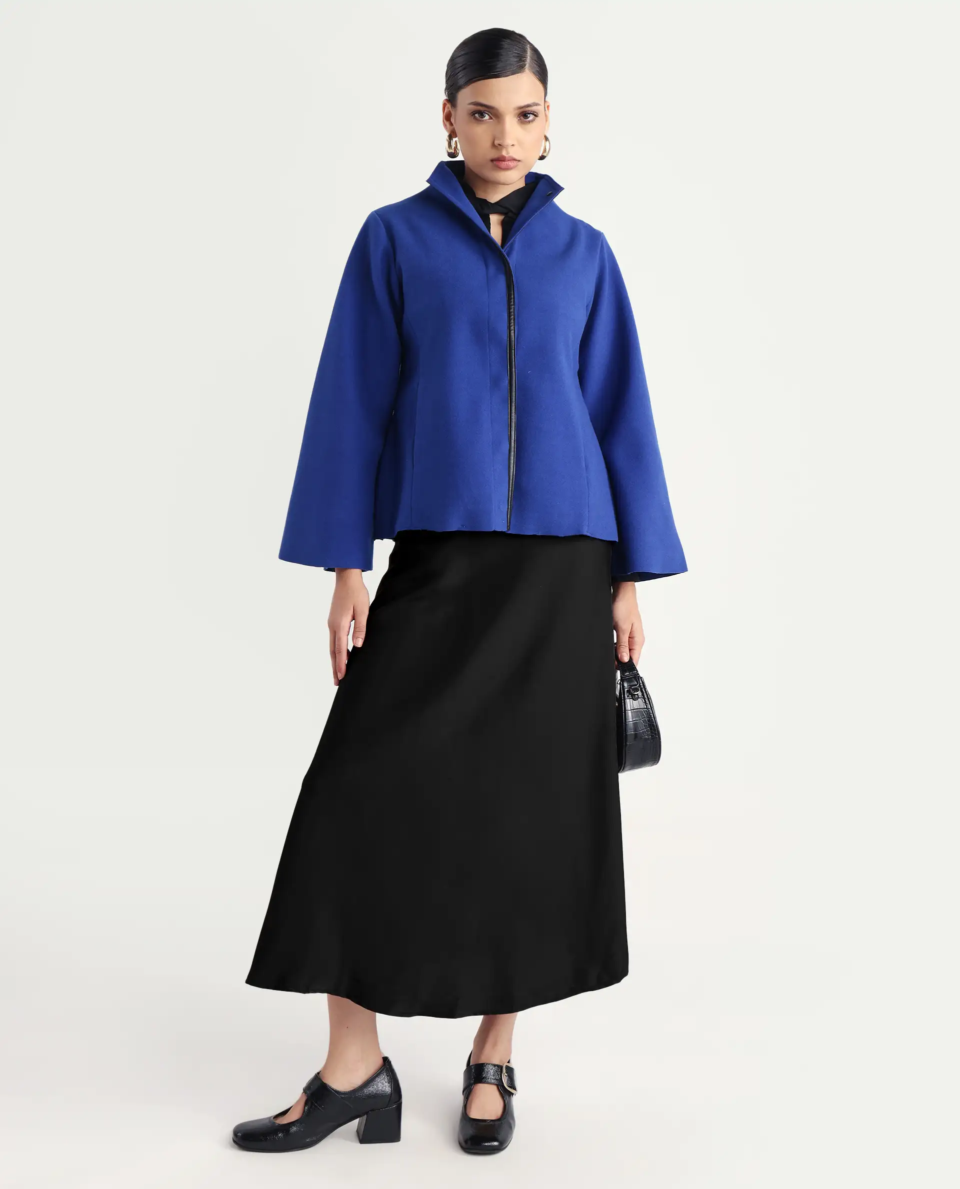 Rareism Women's Kraus Blue Polyester High Neck Plain Bell Sleeve Regular Fit Jacket - Image 2