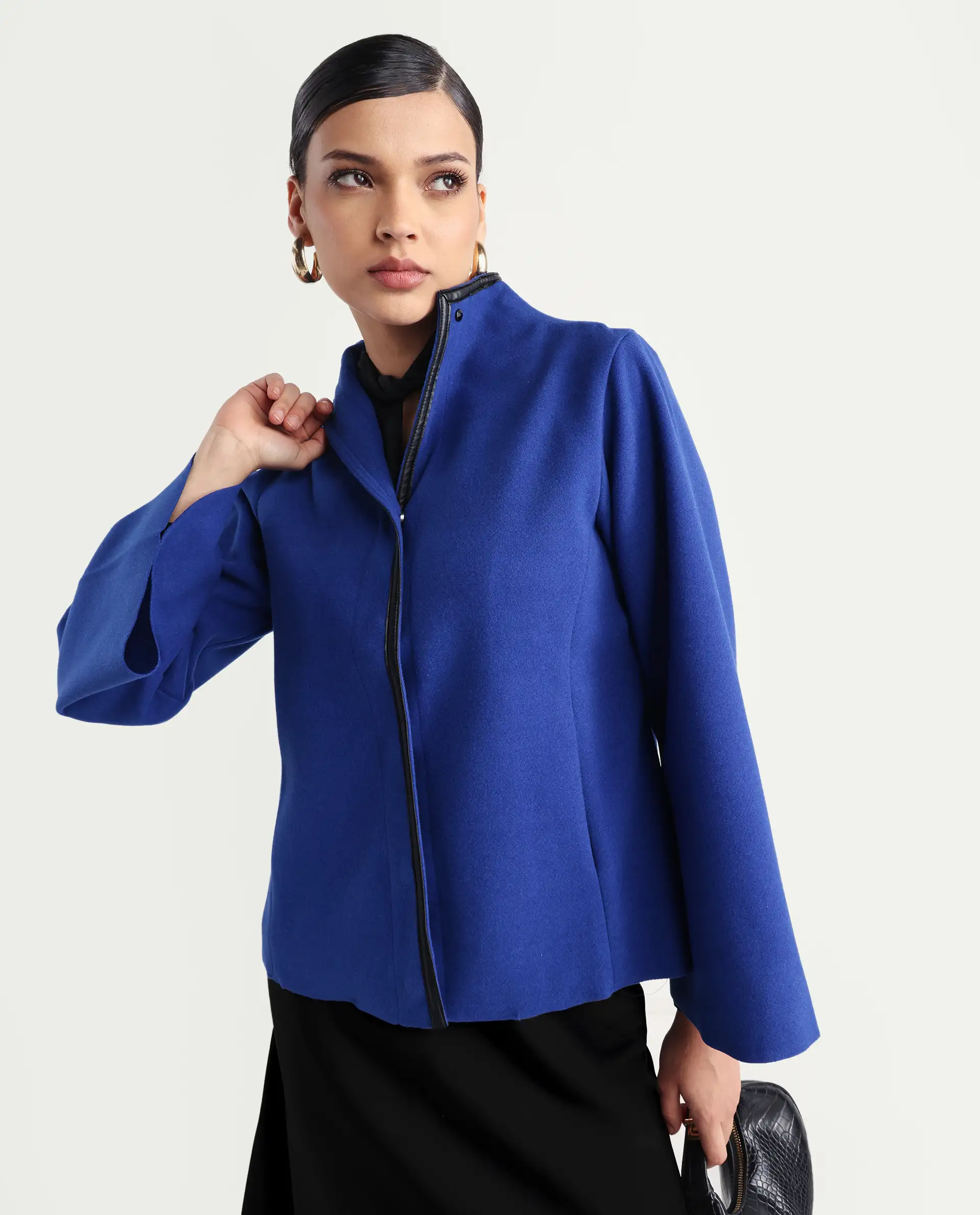 Rareism Women's Kraus Blue Polyester High Neck Plain Bell Sleeve Regular Fit Jacket - Image 3