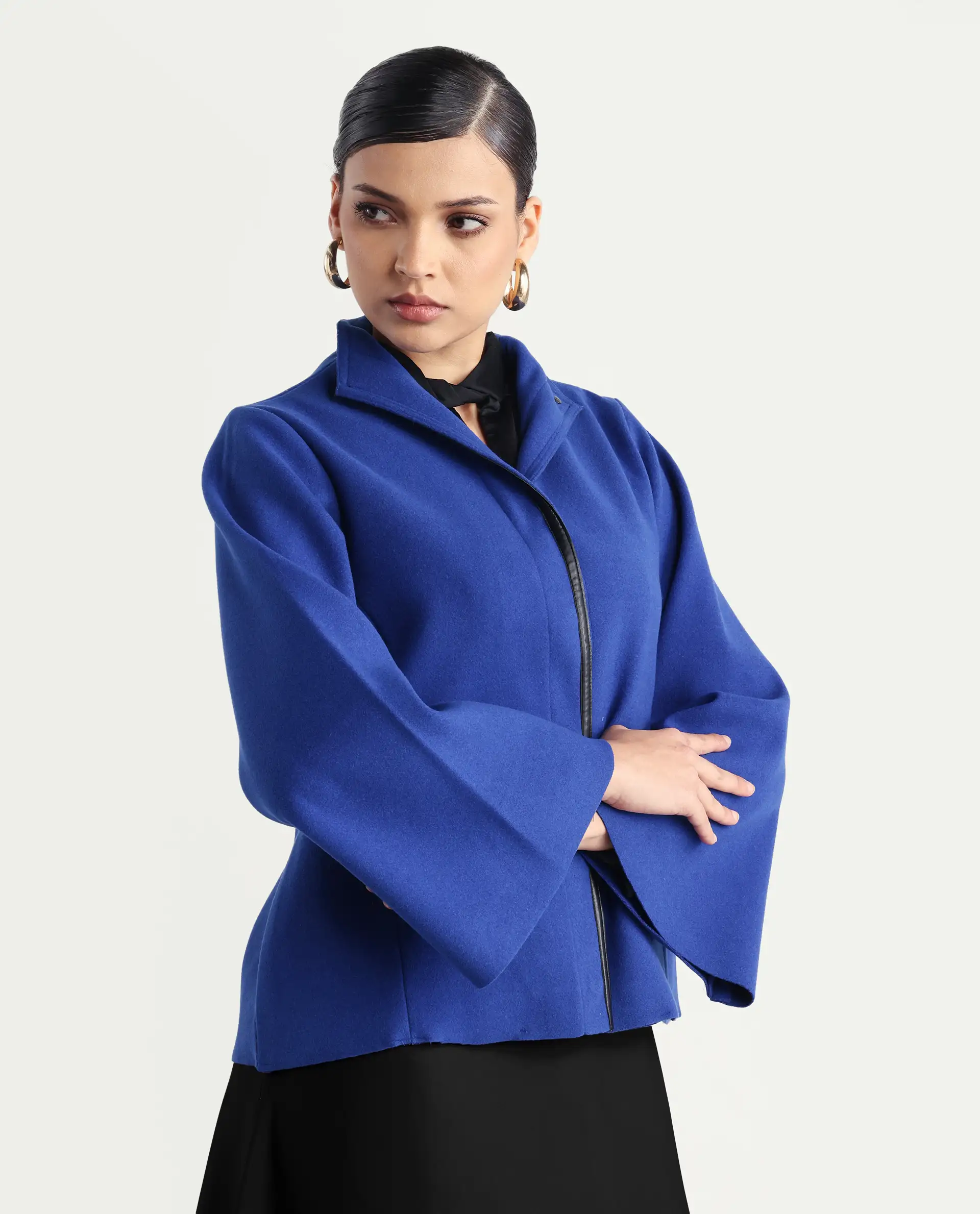 Rareism Women's Kraus Blue Polyester High Neck Plain Bell Sleeve Regular Fit Jacket - Image 4